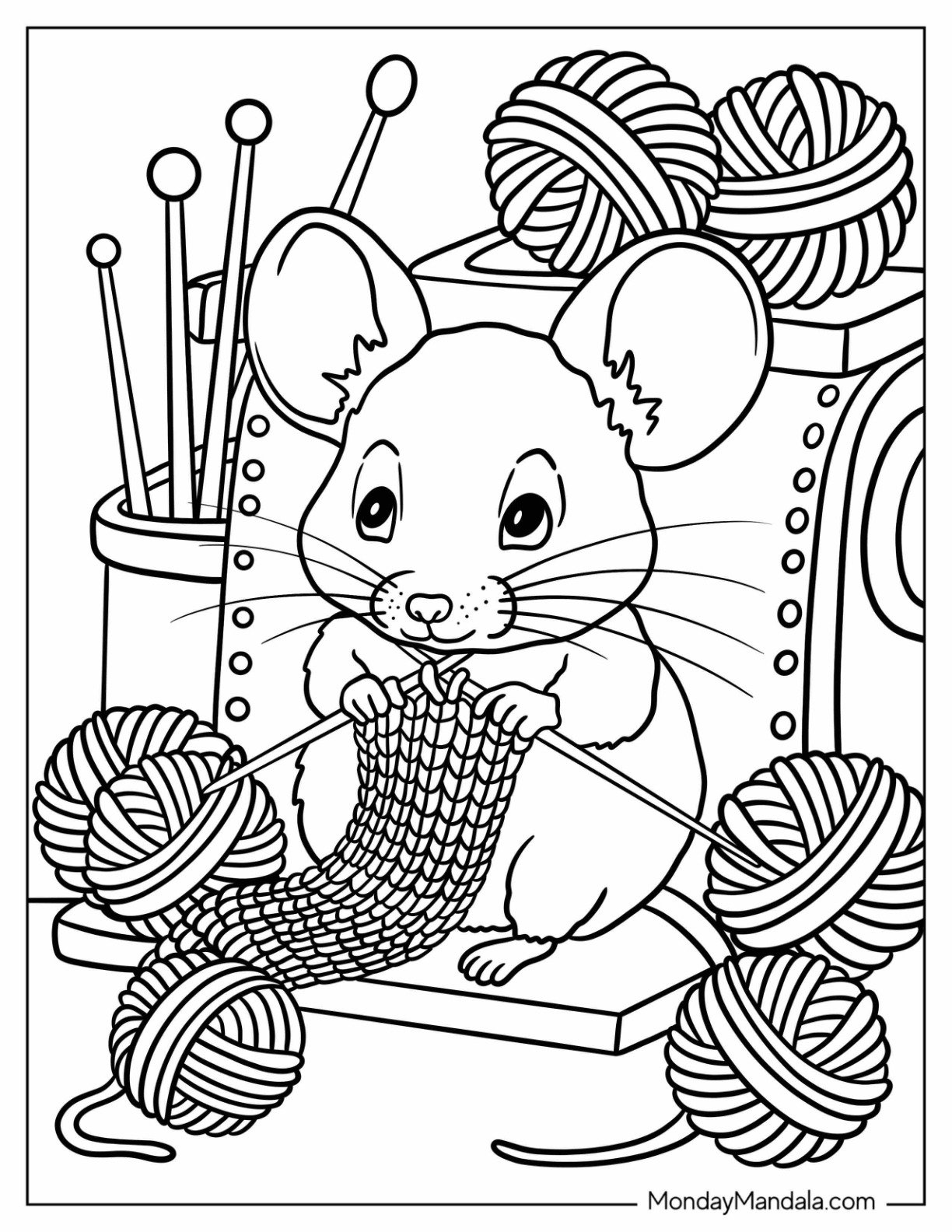 Mouse Coloring Page Knitting with Yarn Balls in a Cozy Sewing Corner