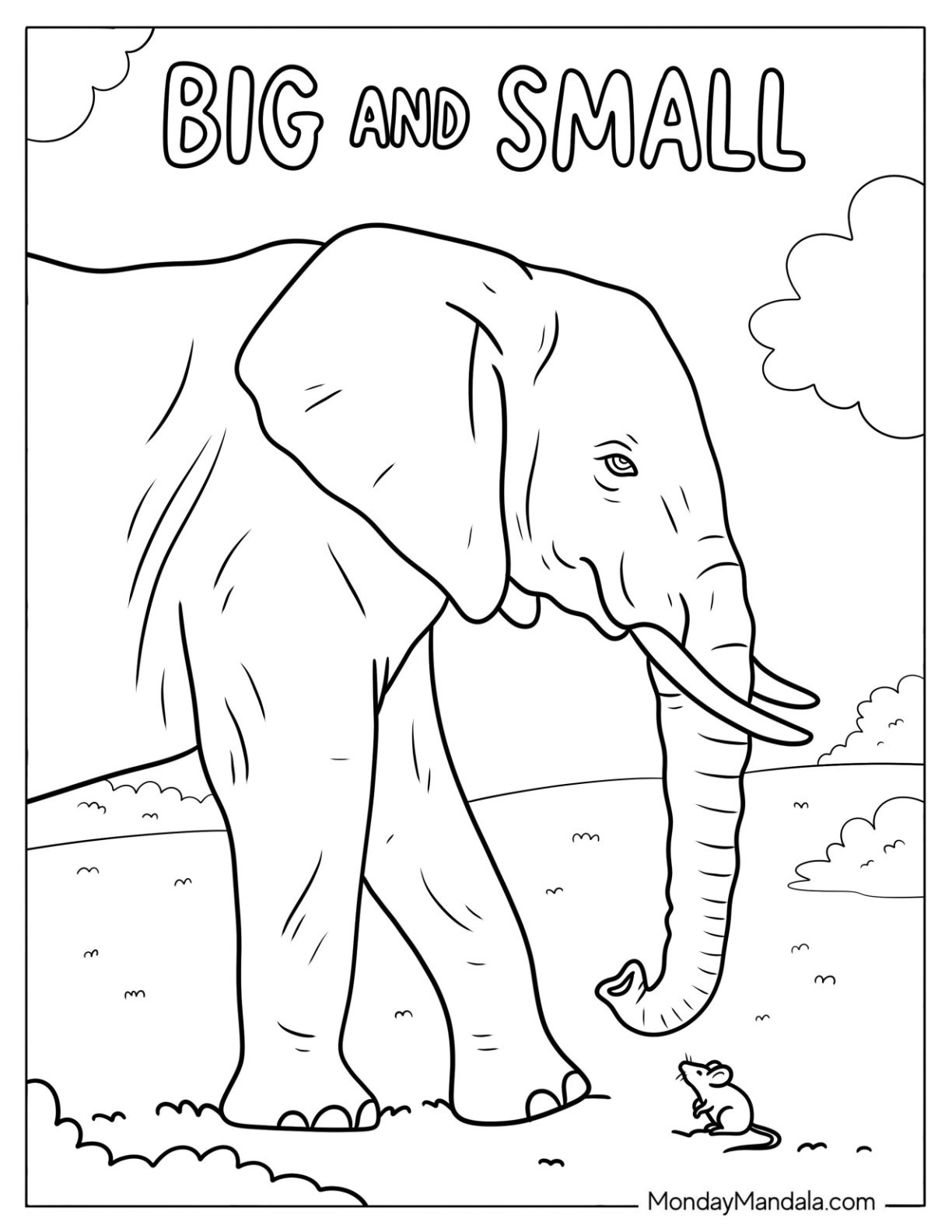 Noah's Ark Coloring Page of Mouse Looking Up at a Massive Elephant