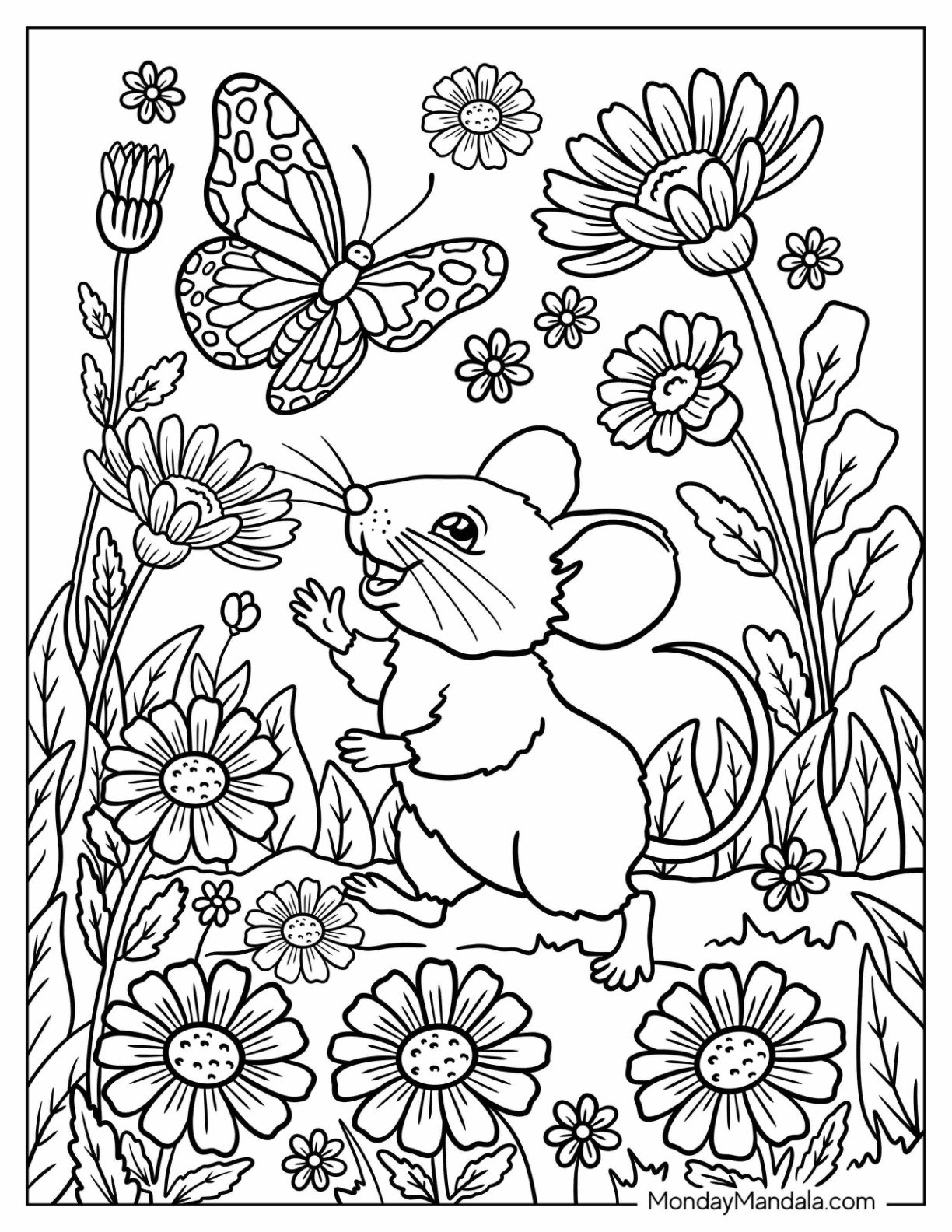 Mouse Coloring Page Reaching Toward a Butterfly in a Meadow of Daisies