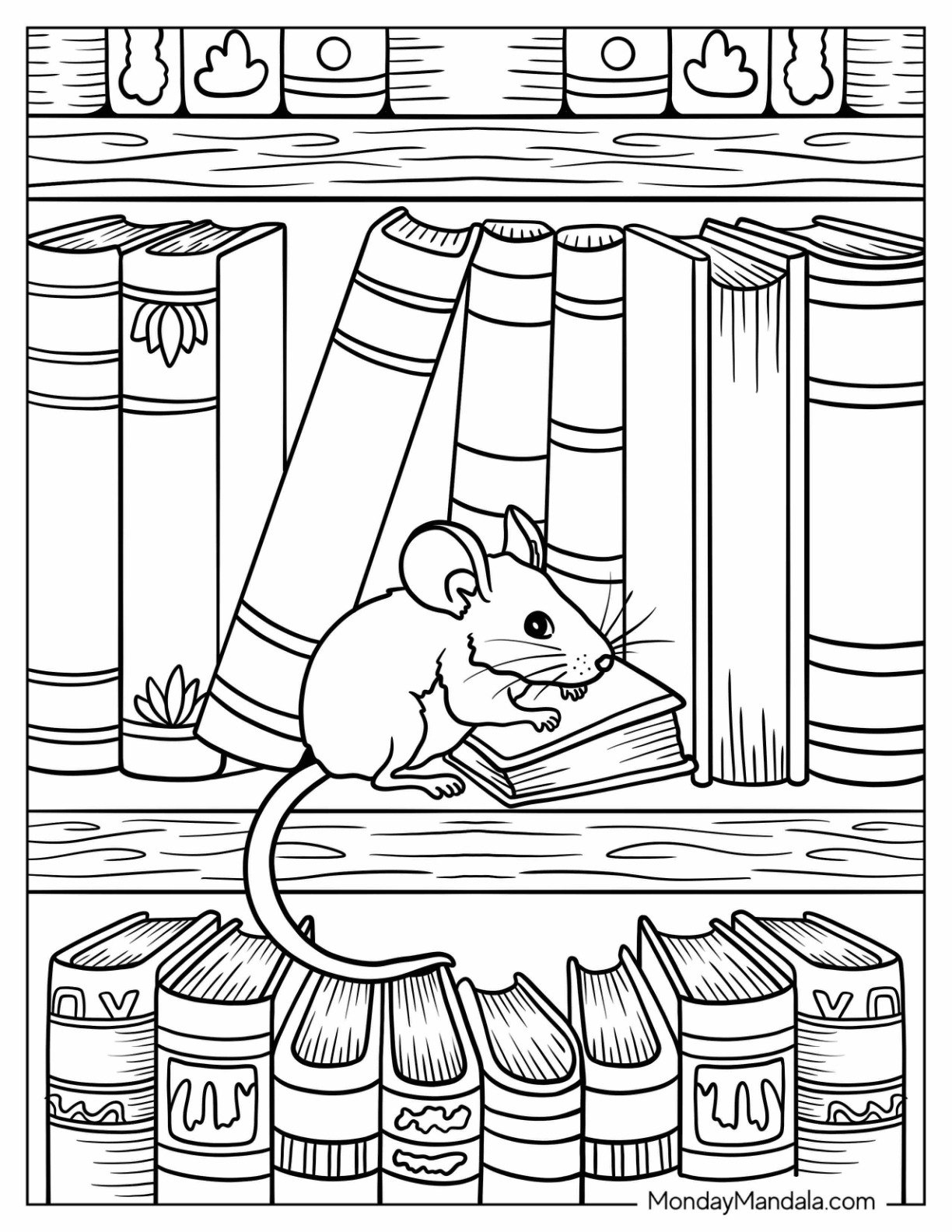 Mouse Coloring Page Resting on a Classic Novel Inside a Library Shelf