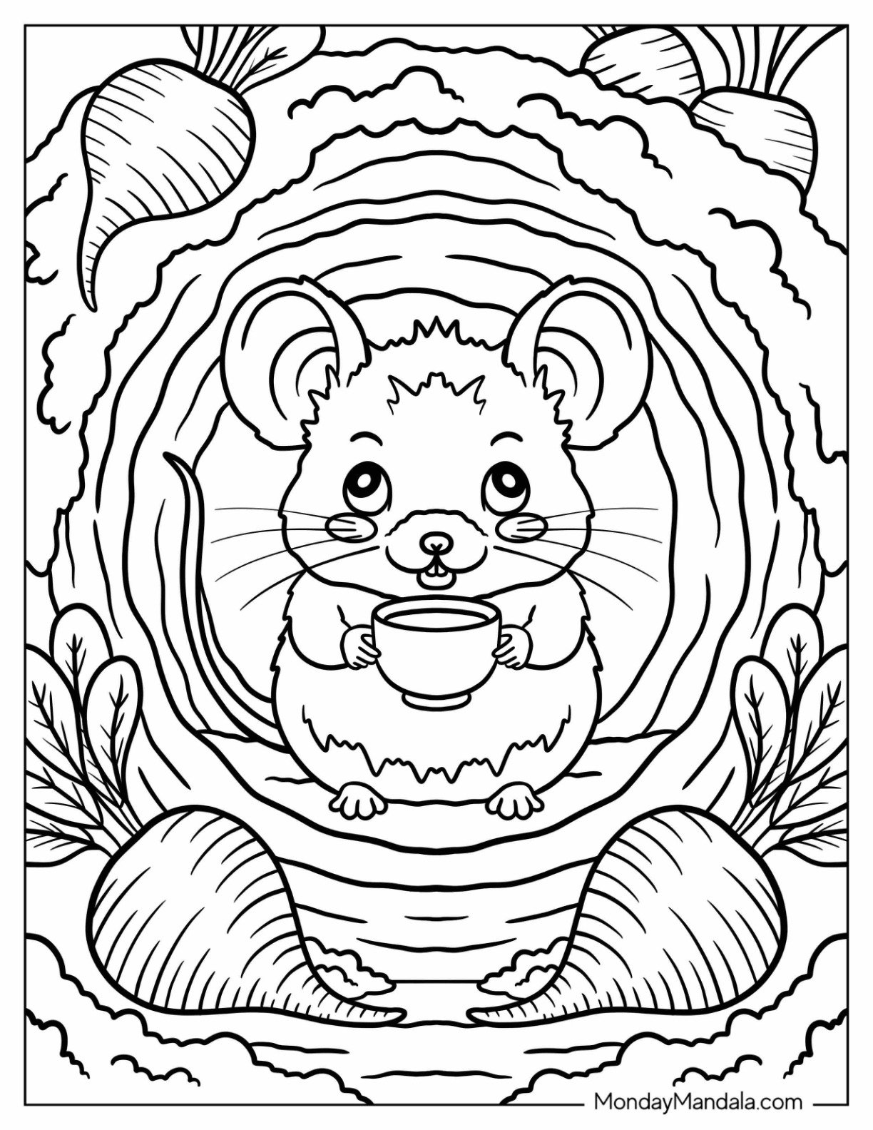 Mouse Coloring Page Sipping Tea Inside a Cozy Root Cellar