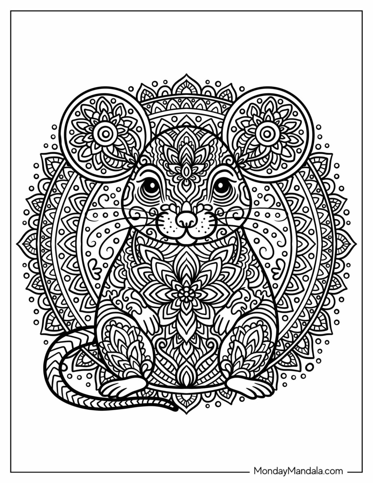 Mouse Coloring Page Sitting at the Center of a Detailed Mandala Pattern