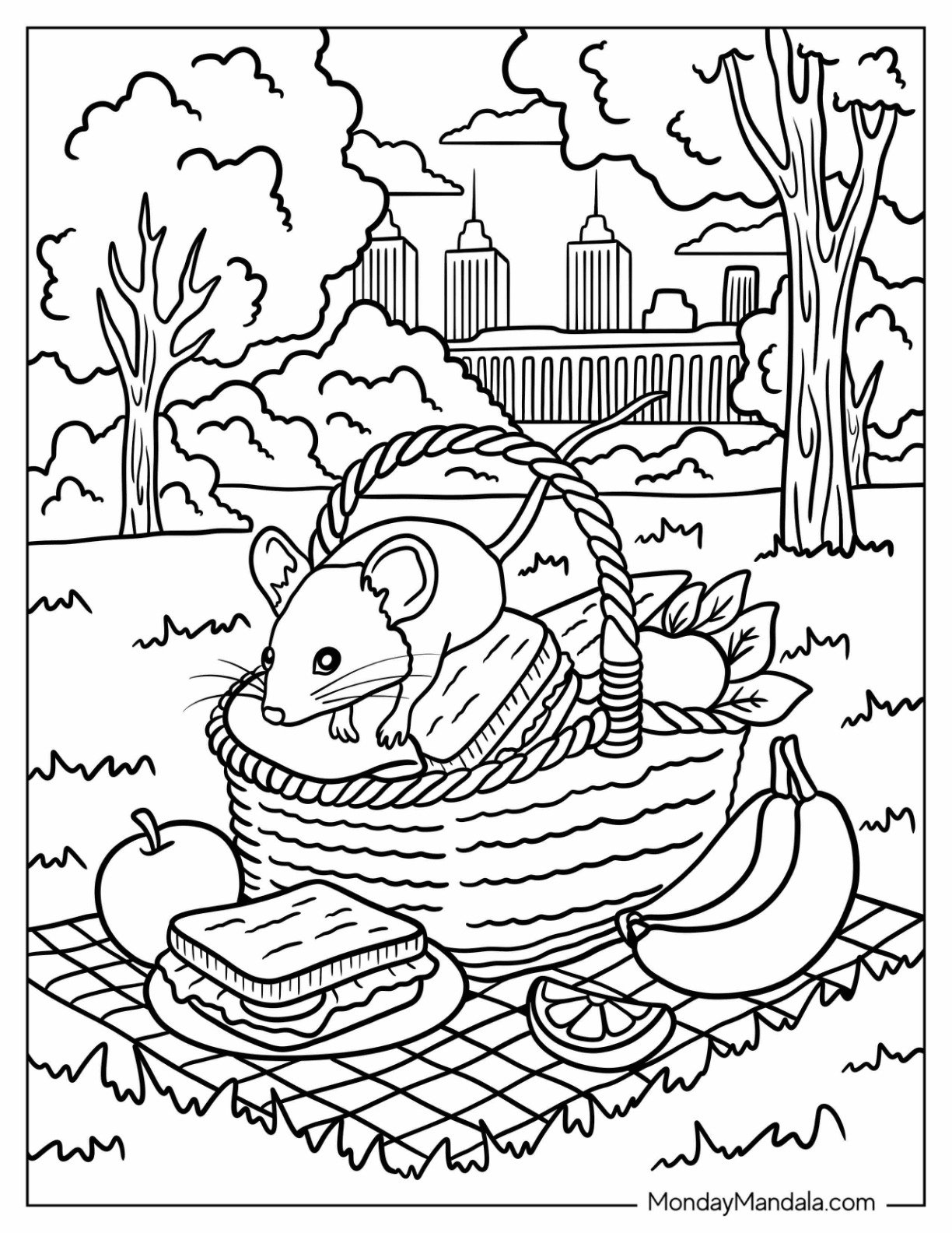 Mouse Coloring Page Sitting in a Picnic Basket Surrounded by Fruit and Sandwiches
