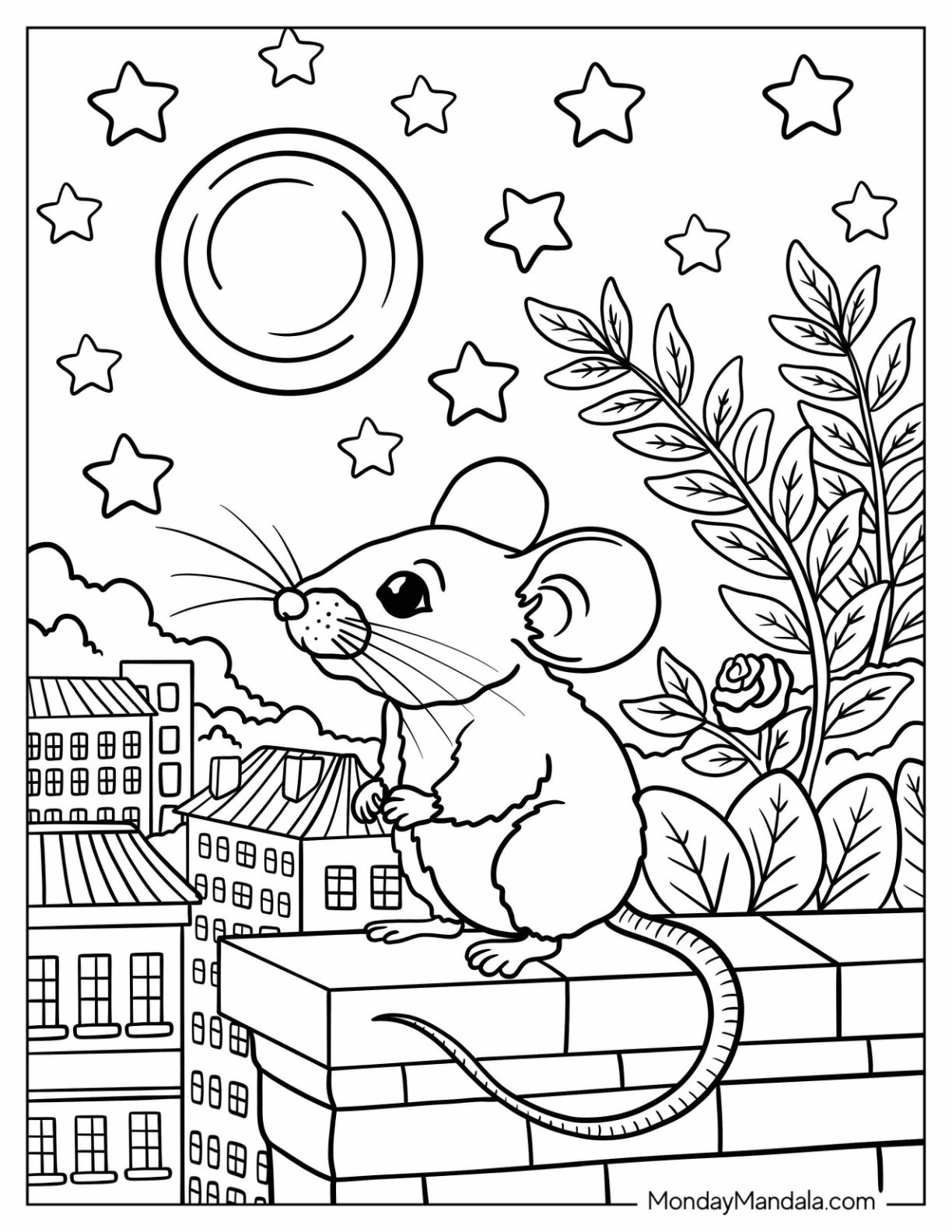 Mouse Coloring Page Sitting on a Brick Wall Under a Starry Night Sky for Kids