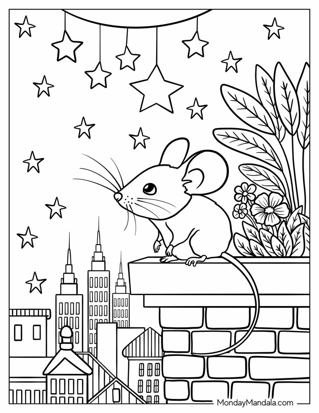 Mouse Coloring Page Sitting on a Rooftop Garden Ledge Overlooking the City for Kids