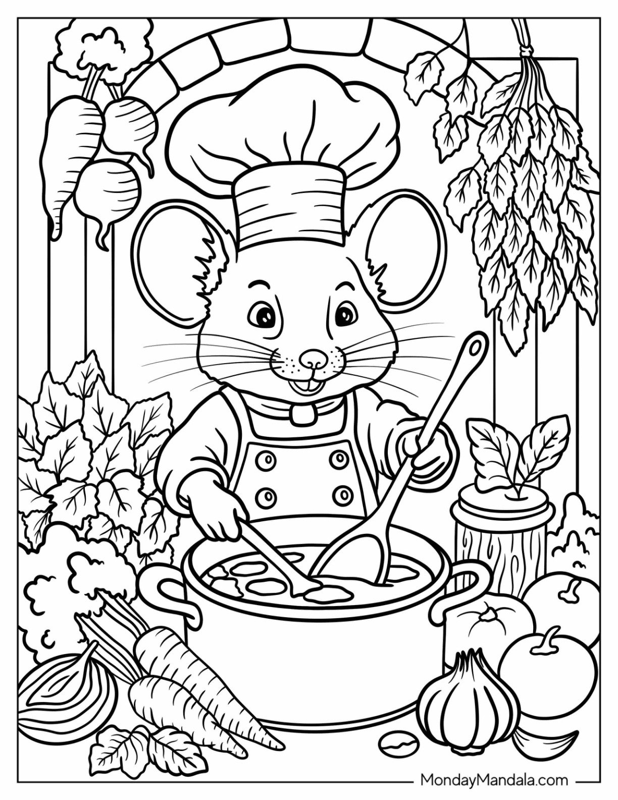 Mouse Coloring Page Stirring a Pot of Vegetable Soup in a Garden Kitchen