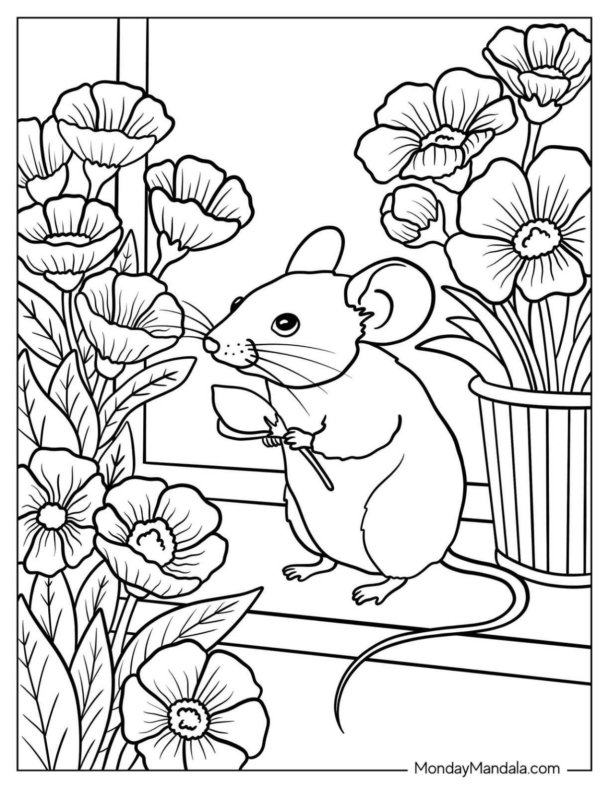 Mouse Coloring Page in a Flower Filled Window Garden Holding a Spoon