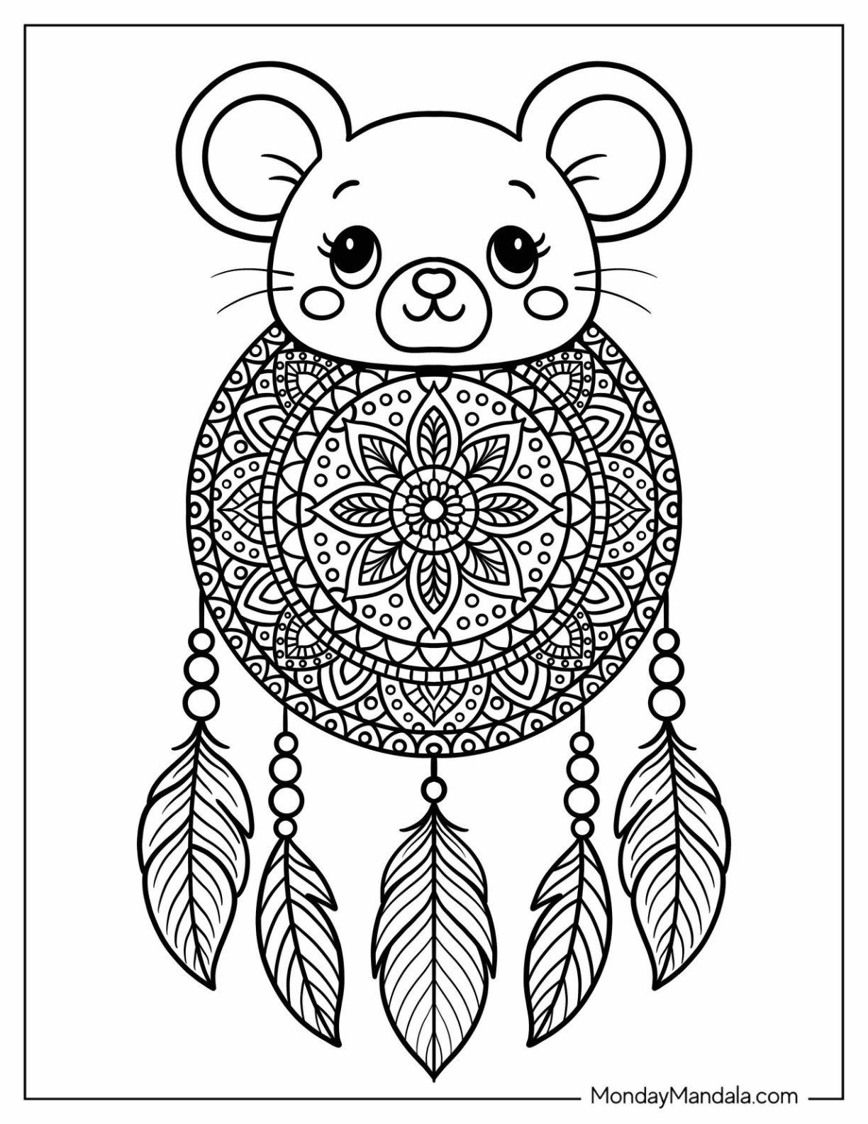 Mouse Coloring Page on a Dreamcatcher Mandala with Beads and Feathers