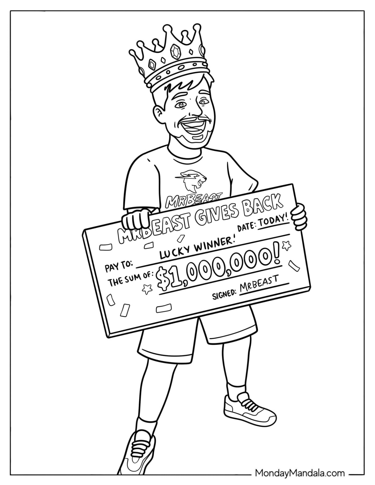 MrBeast Holding a Giant Giveaway Check Coloring Sheet