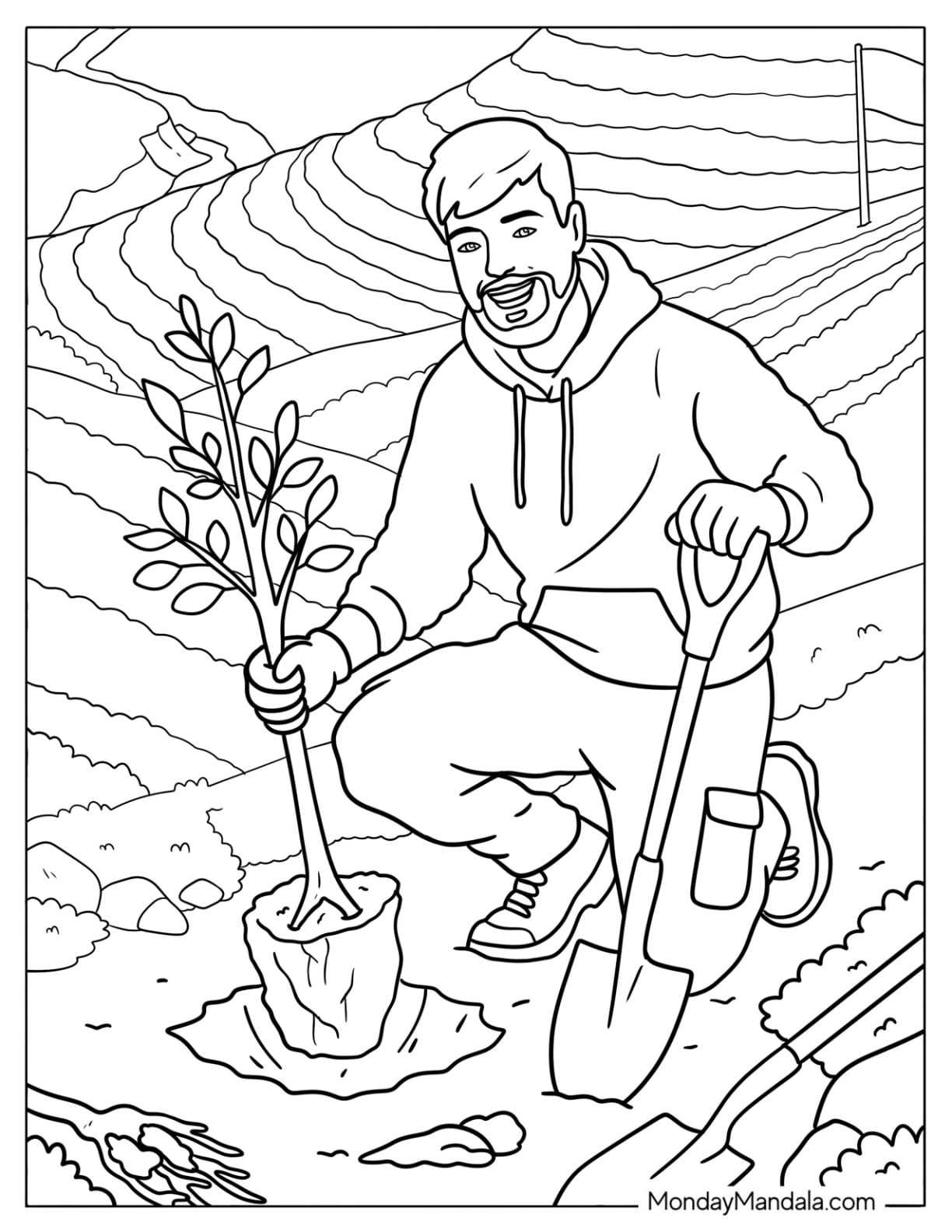 MrBeast Planting a Tree in a Field Coloring Page