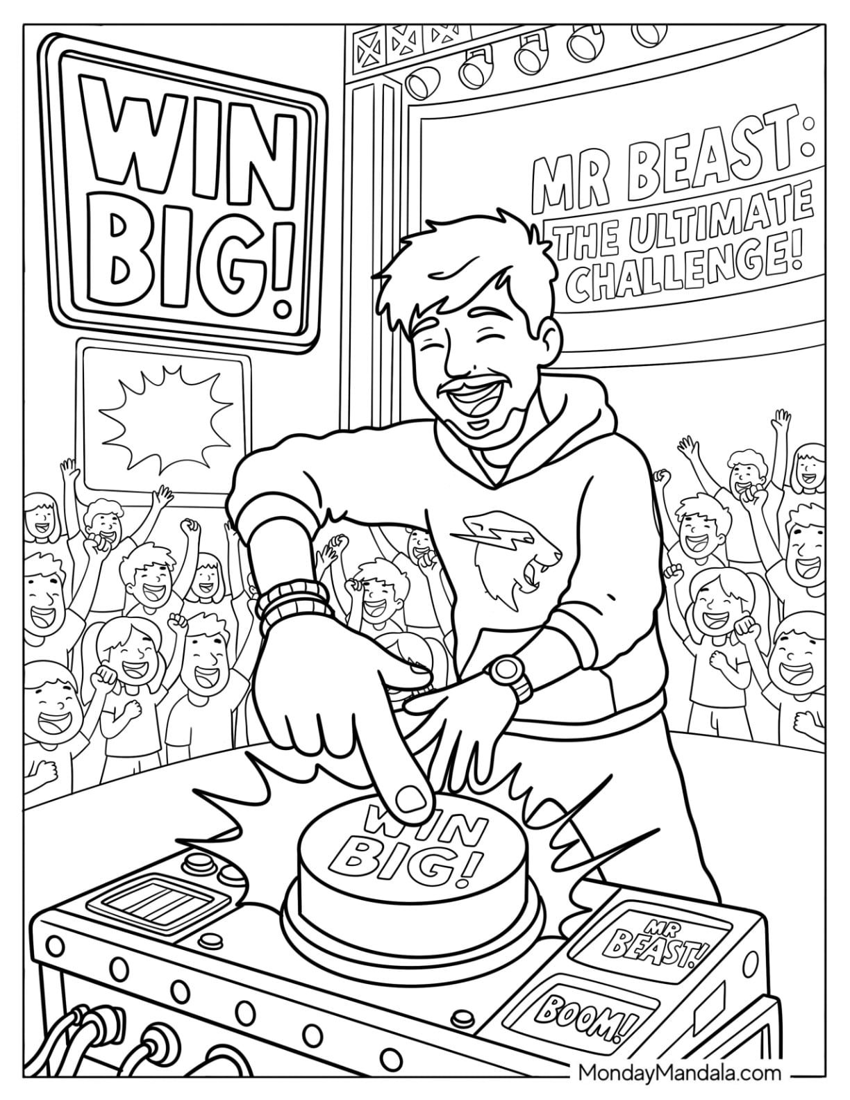 MrBeast Pressing a Win Big Challenge Button Coloring Page for Kids