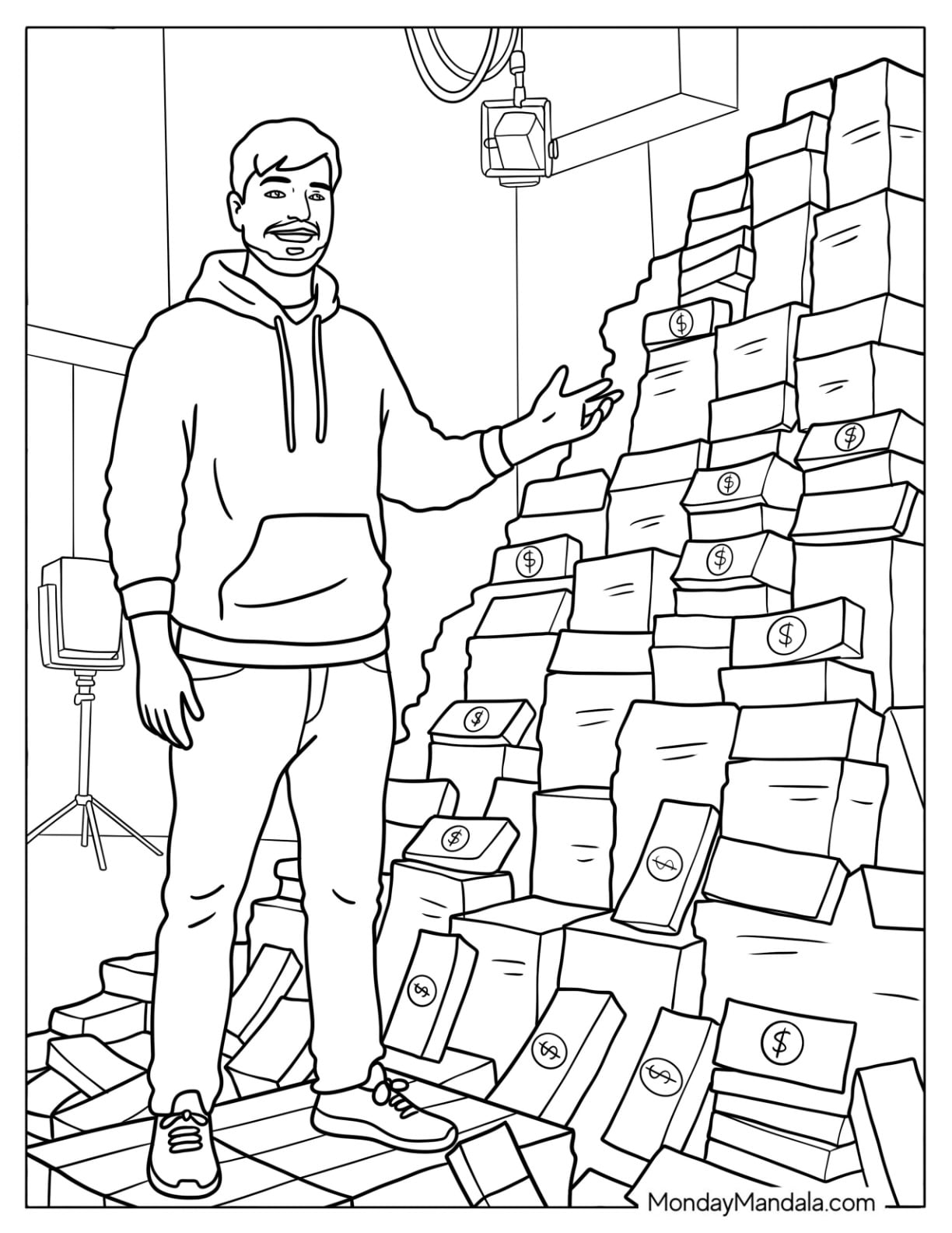 MrBeast Standing Beside Stacks of Cash Coloring Sheet