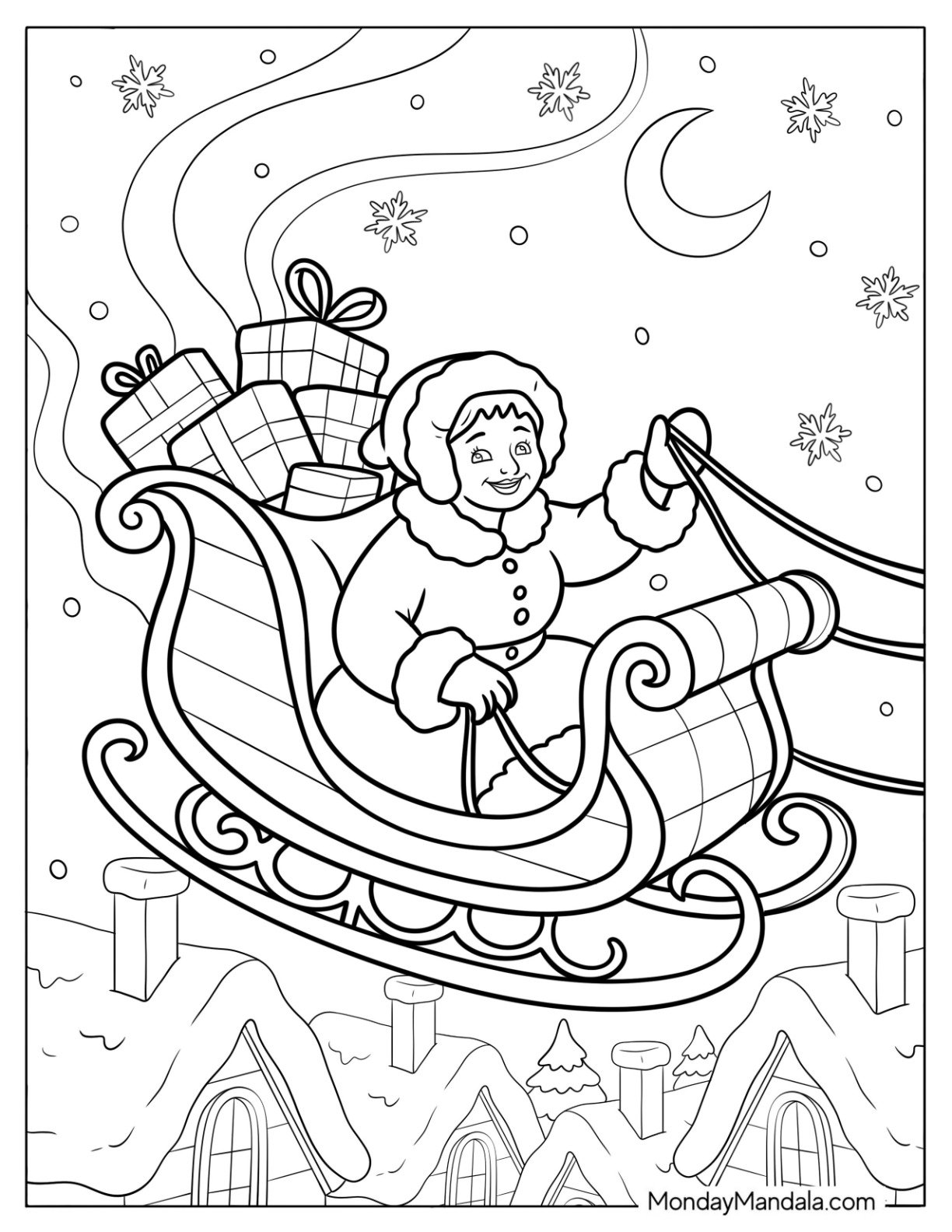 Mrs. Claus Coloring Page Delivering Christmas Presents on a Sleigh