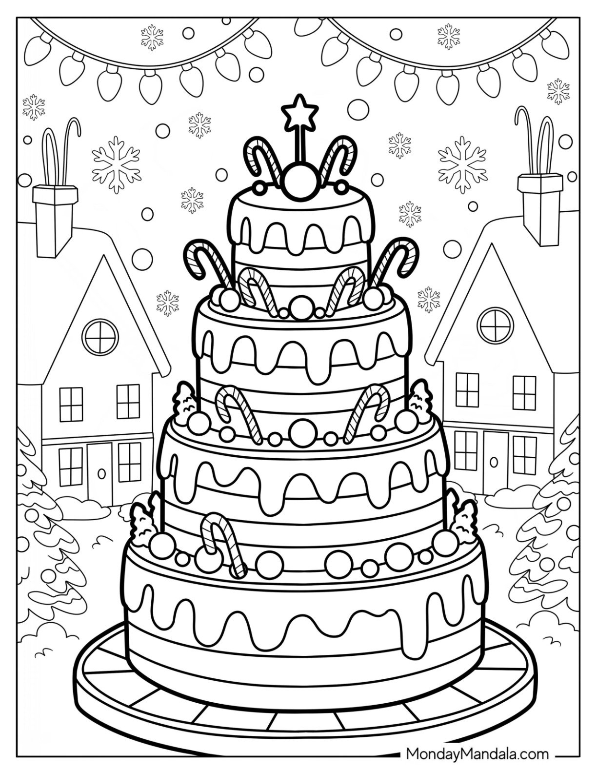 Multi Tiered Christmas Cake Coloring Page with Candy Canes for Kids