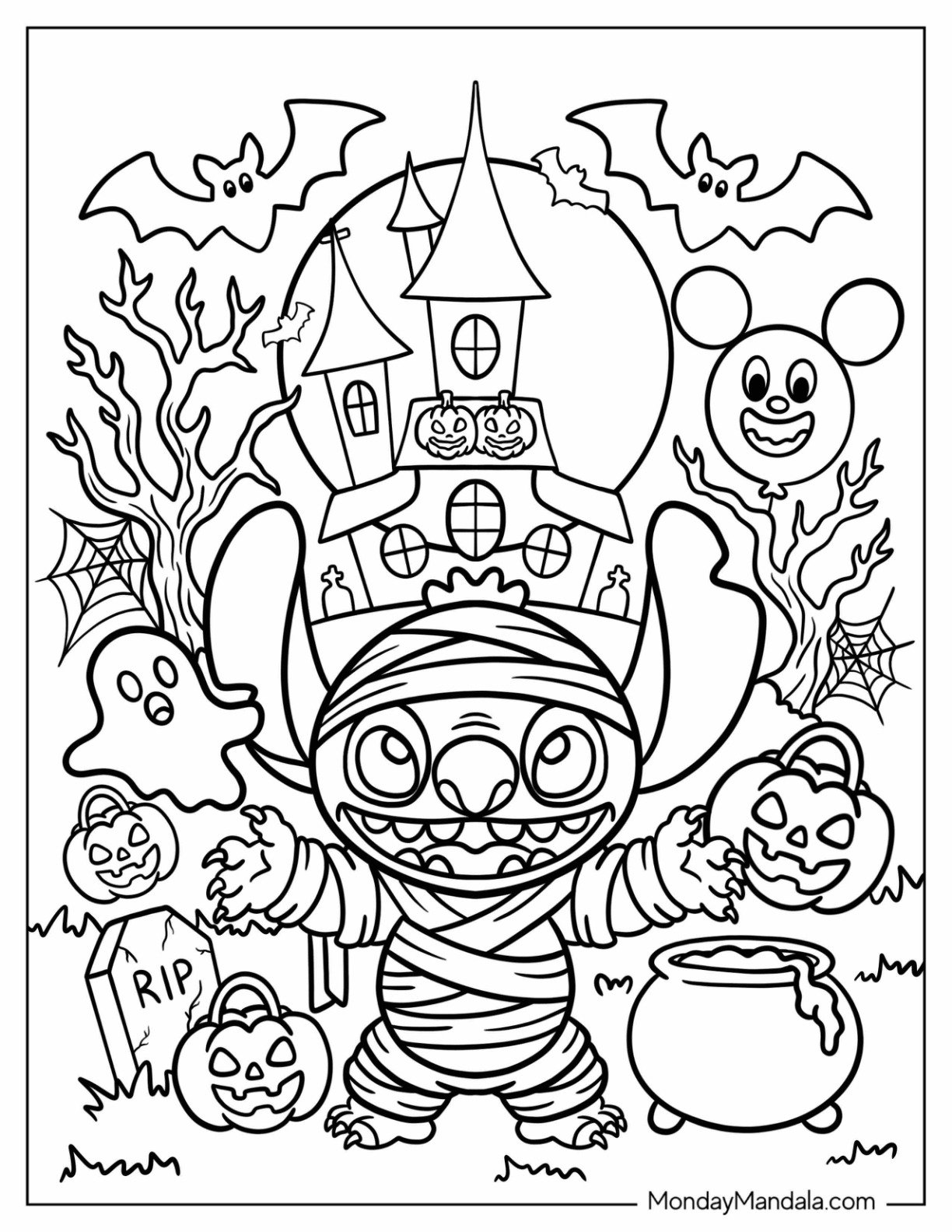 Disney Halloween Coloring Page of Mummy Stitch with Ghosts, Bats, Pumpkins, and Haunted Castle for Kids