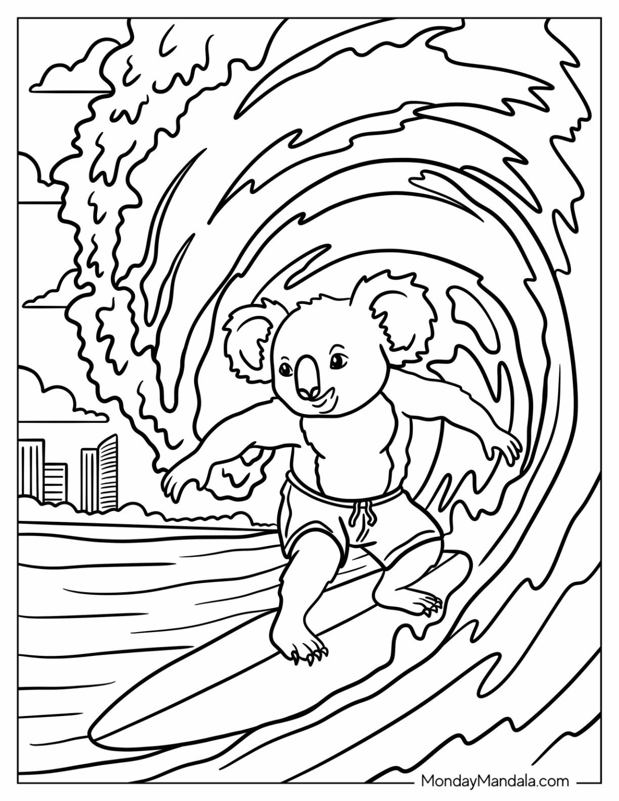 Muscular Koala Coloring Page Surfer Riding a Wave