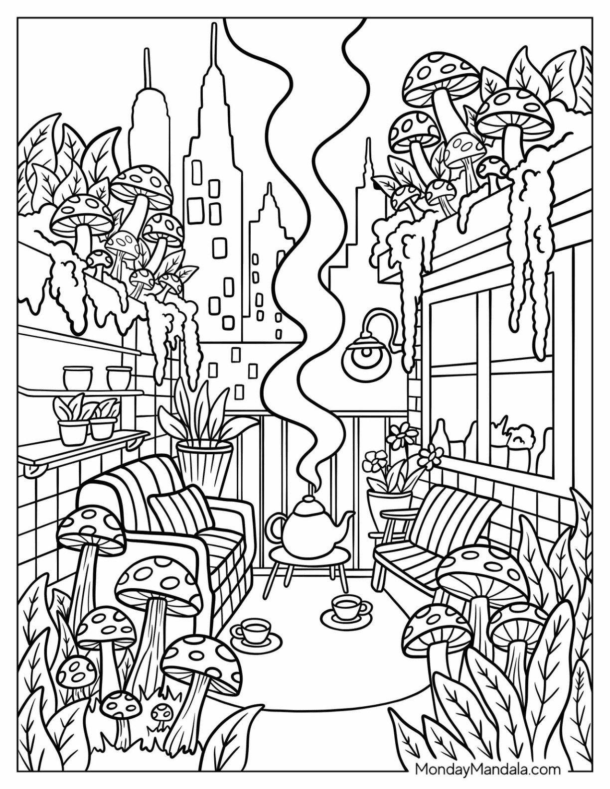 Mushroom Garden Balcony with City Skyline View