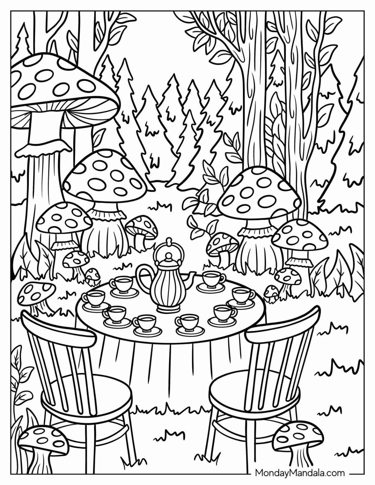 Mushroom Grove Tea Party in the Woods Coloring Sheet