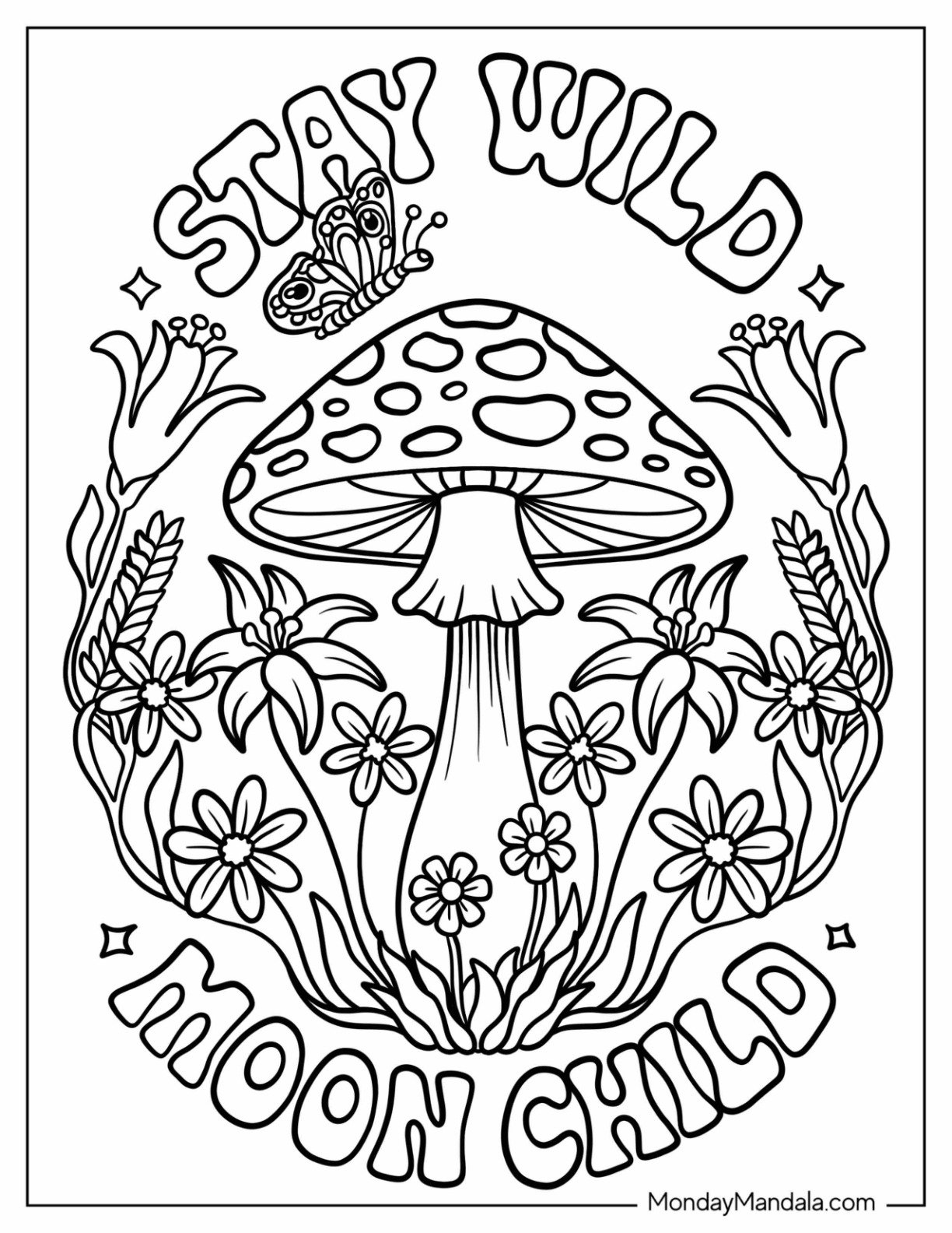Mushroom Surrounded by Wildflowers with “Stay Wild Moon Child” Quote