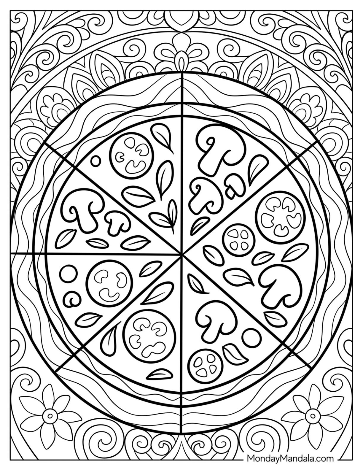Mushroom and Pepperoni Pizza Coloring Page Mandala for Kids