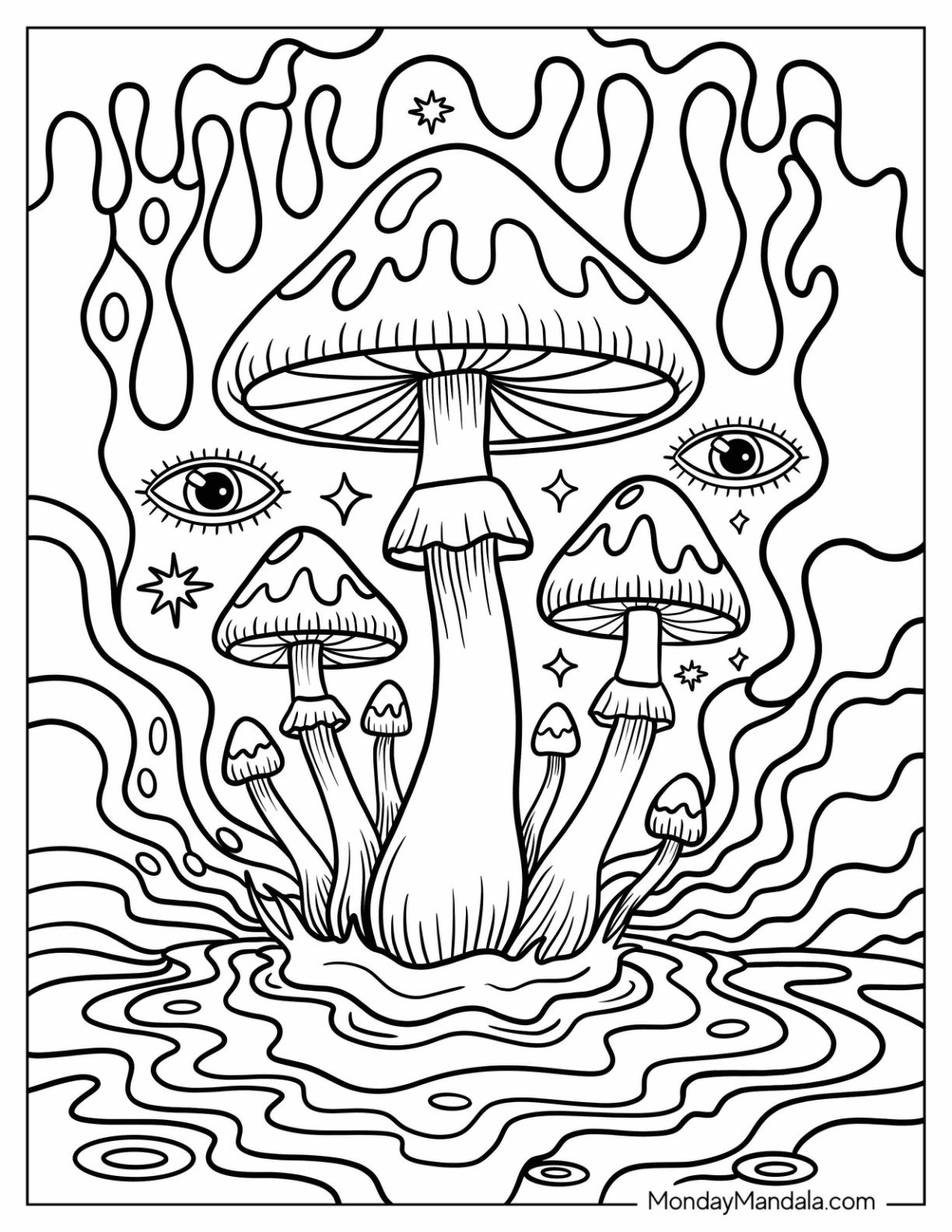 Mushrooms Rising from Rippling Water with Eyes and Psychedelic Patterns