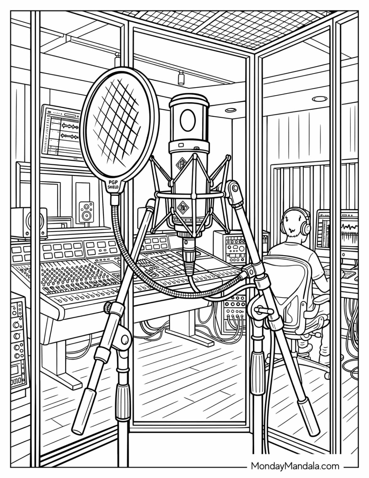 Music Recording Studio with Microphone and Audio Equipment Coloring Page