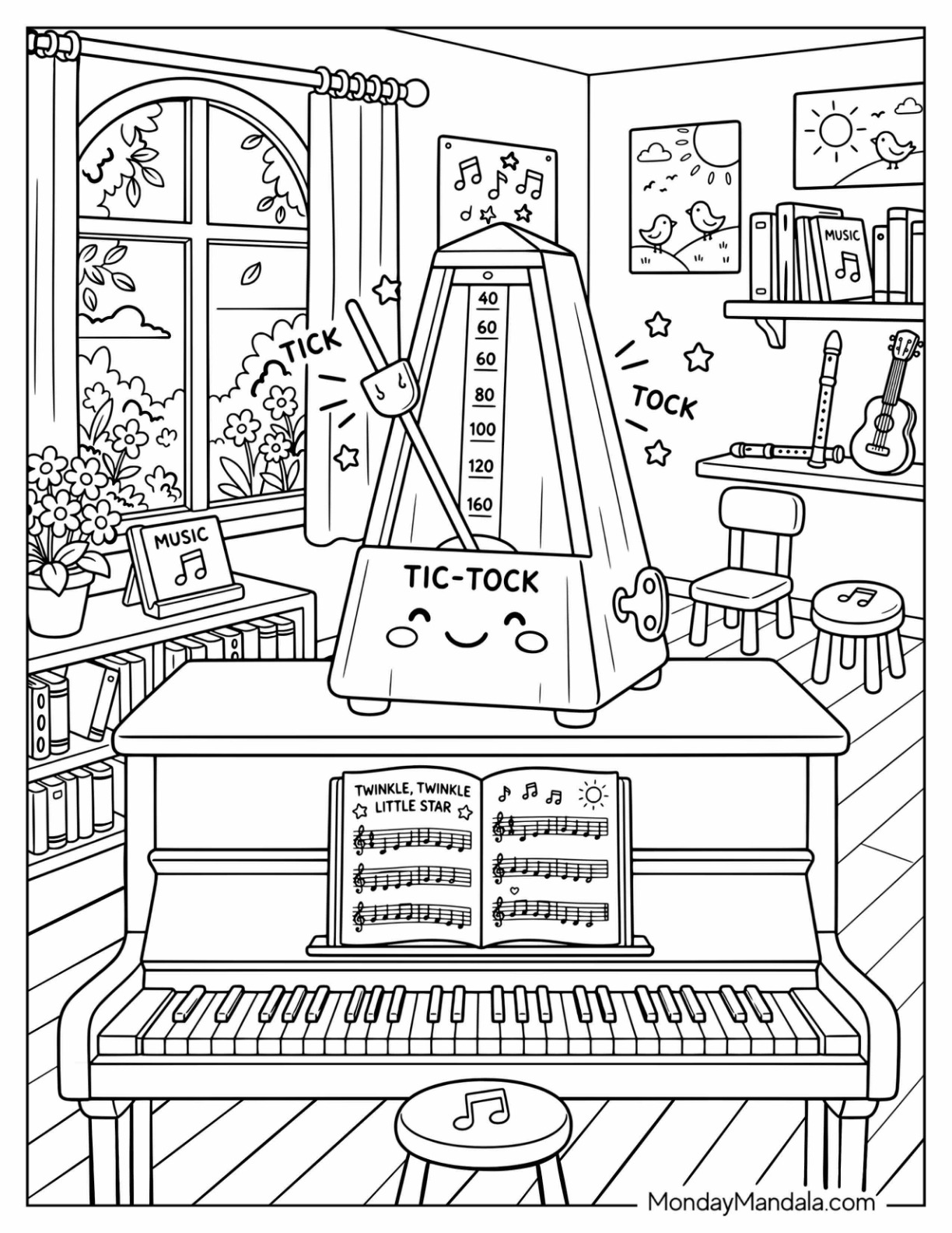 Music Room with Piano, Metronome, Guitar, and Musical Notes Coloring Page