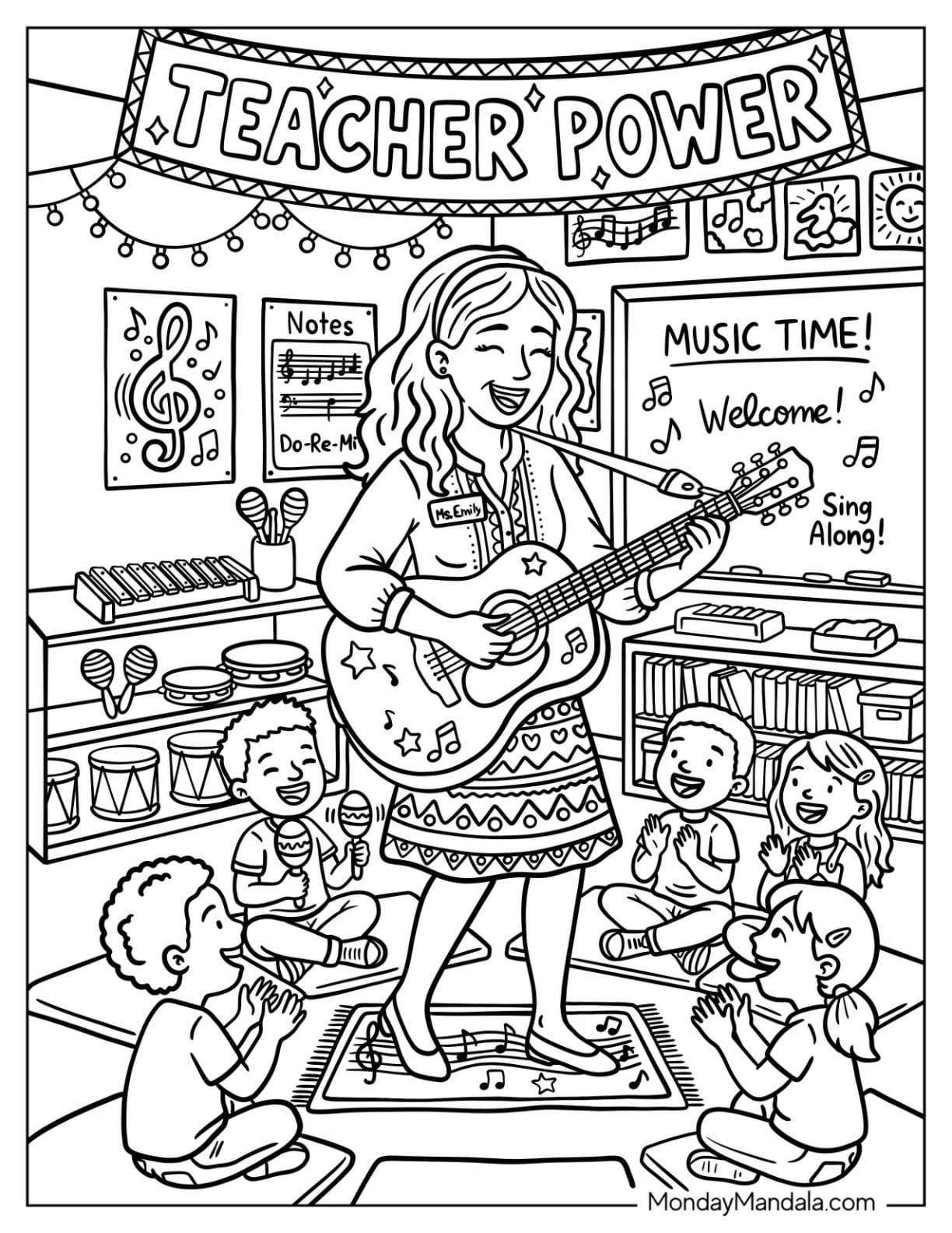 Music Teacher Coloring Page Singing to Her Students While Playing the Guitar