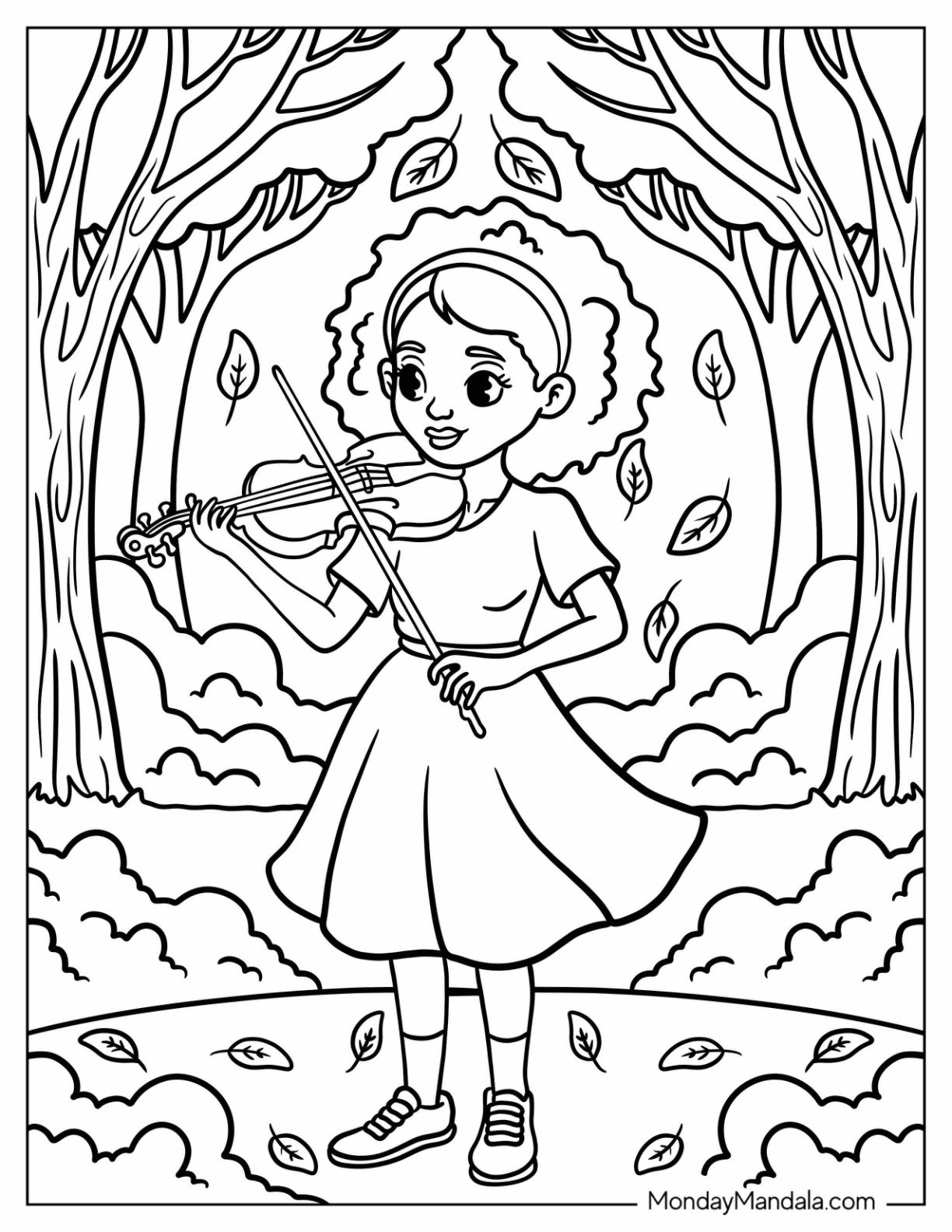 Musical Black Girl & Boy Coloring Page Playing the Violin in the Forest