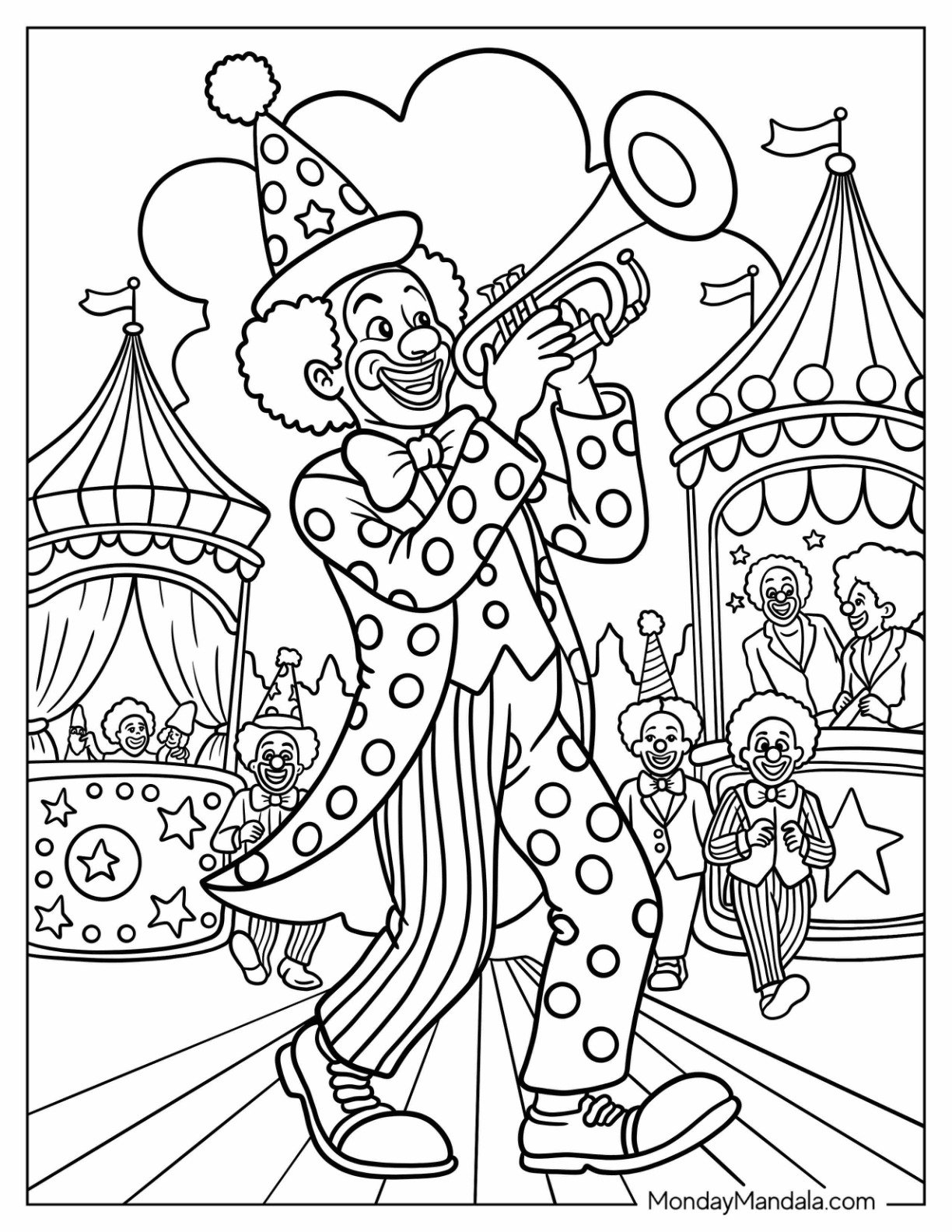 Musical Clown Coloring Page Playing The Trumpet