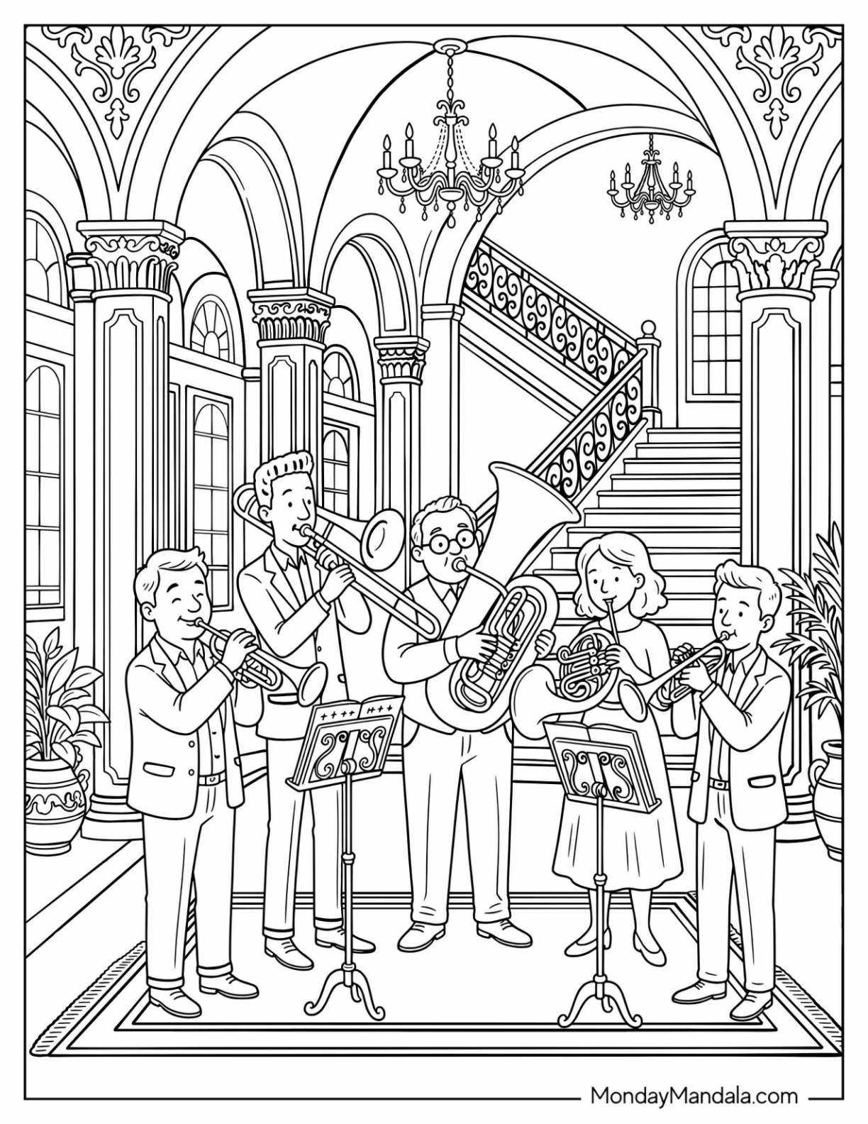 Musicians Playing in a Grand Palace Coloring Page