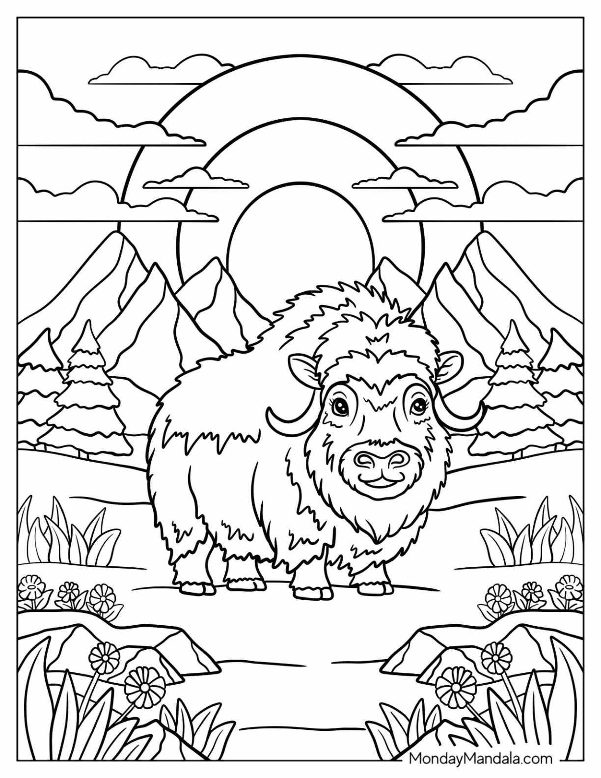 Arctic Animals Coloring Page of Musk Ox Beneath Snowy Peaks and Clouded Sky