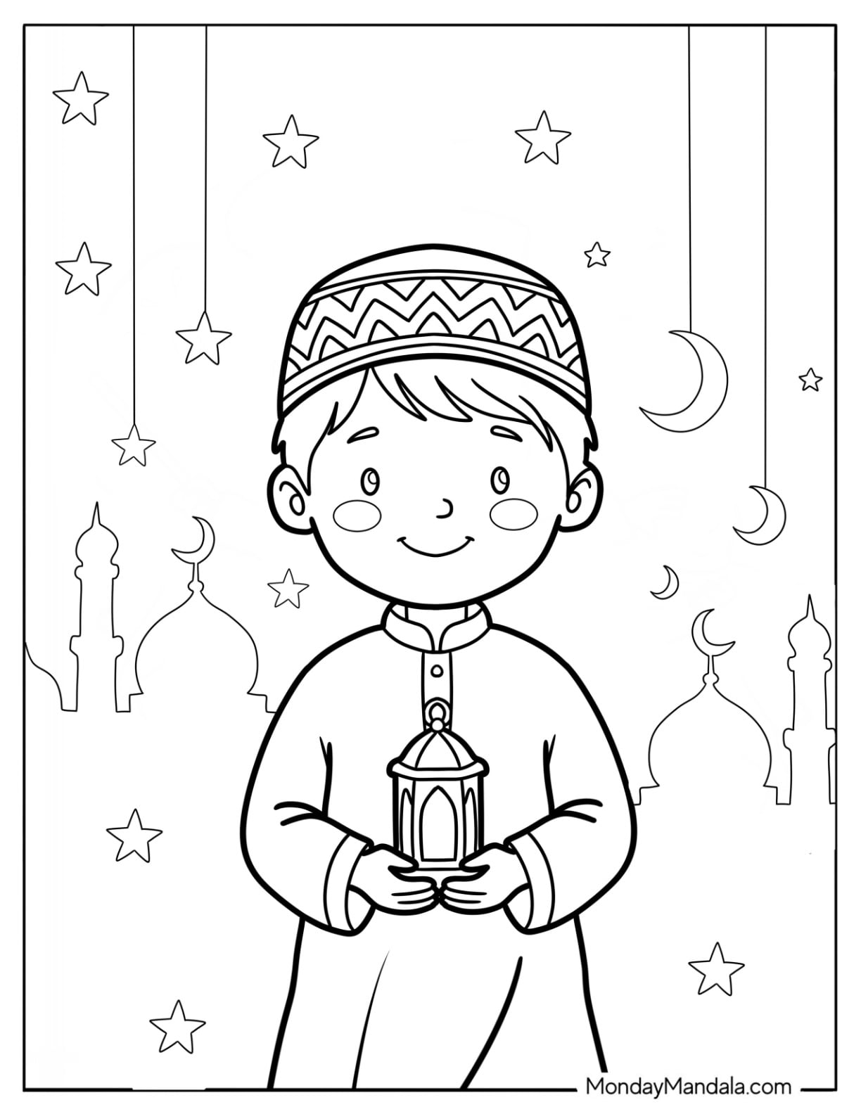 Muslim Boy Holding a Lantern Under the Stars During Ramadan Coloring Page for Kids