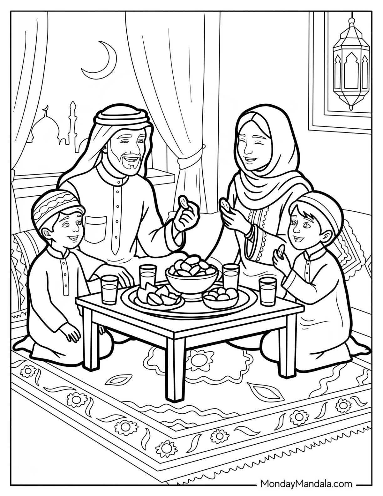 Muslim Family Sitting on the Floor Eating Iftar Meal for Ramadan Coloring Page