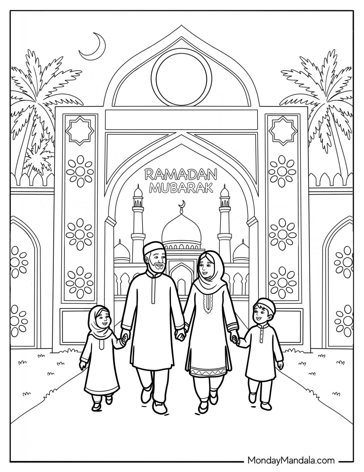 Ramadan Coloring Page of Muslim Family Walking Together in Front of a Mosque