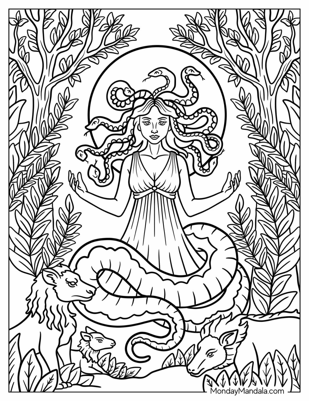 Mysterious Medusa Coloring Page in a Forest Shrine with Wild Animals