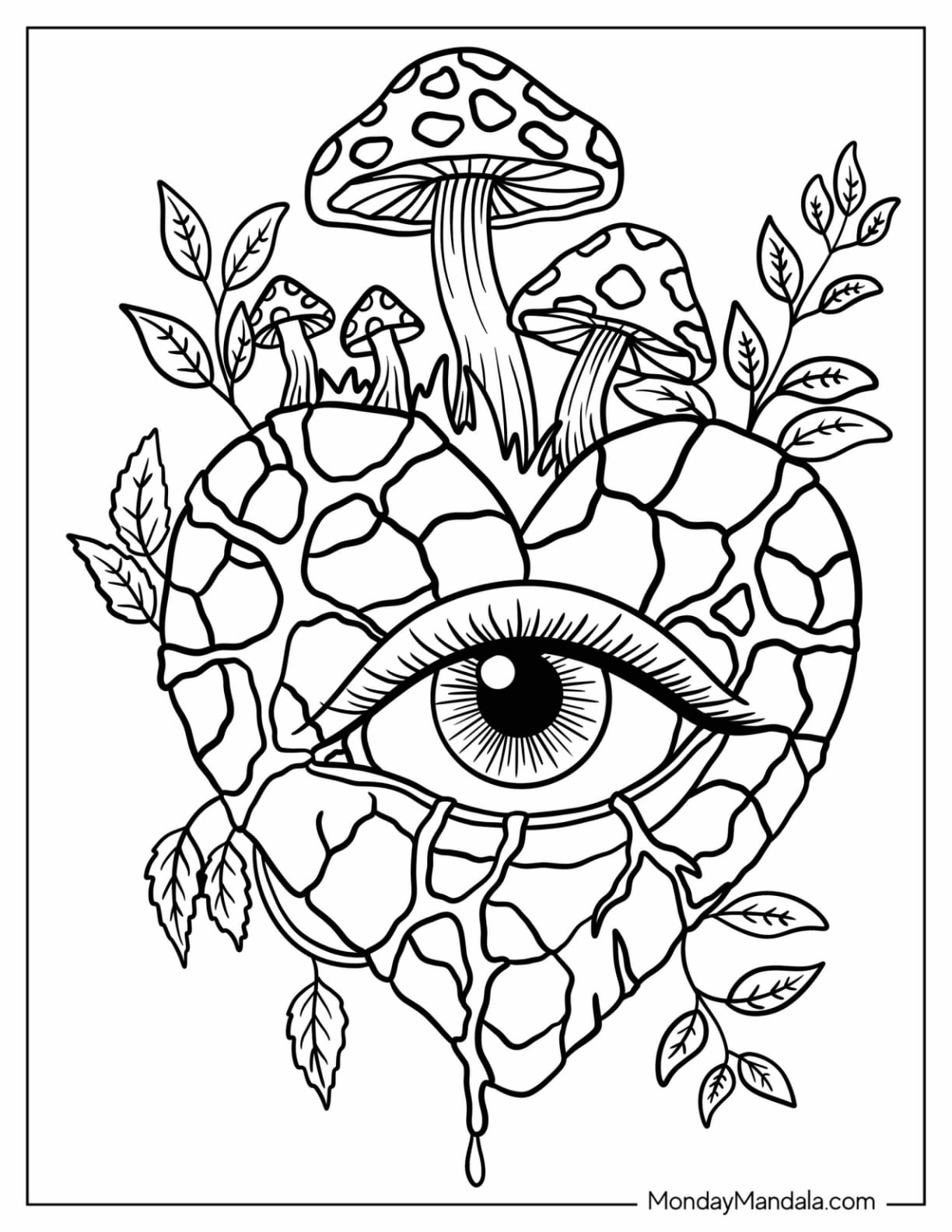 Mystical Eye with Mushrooms and Cracked Heart Tattoo Coloring Page