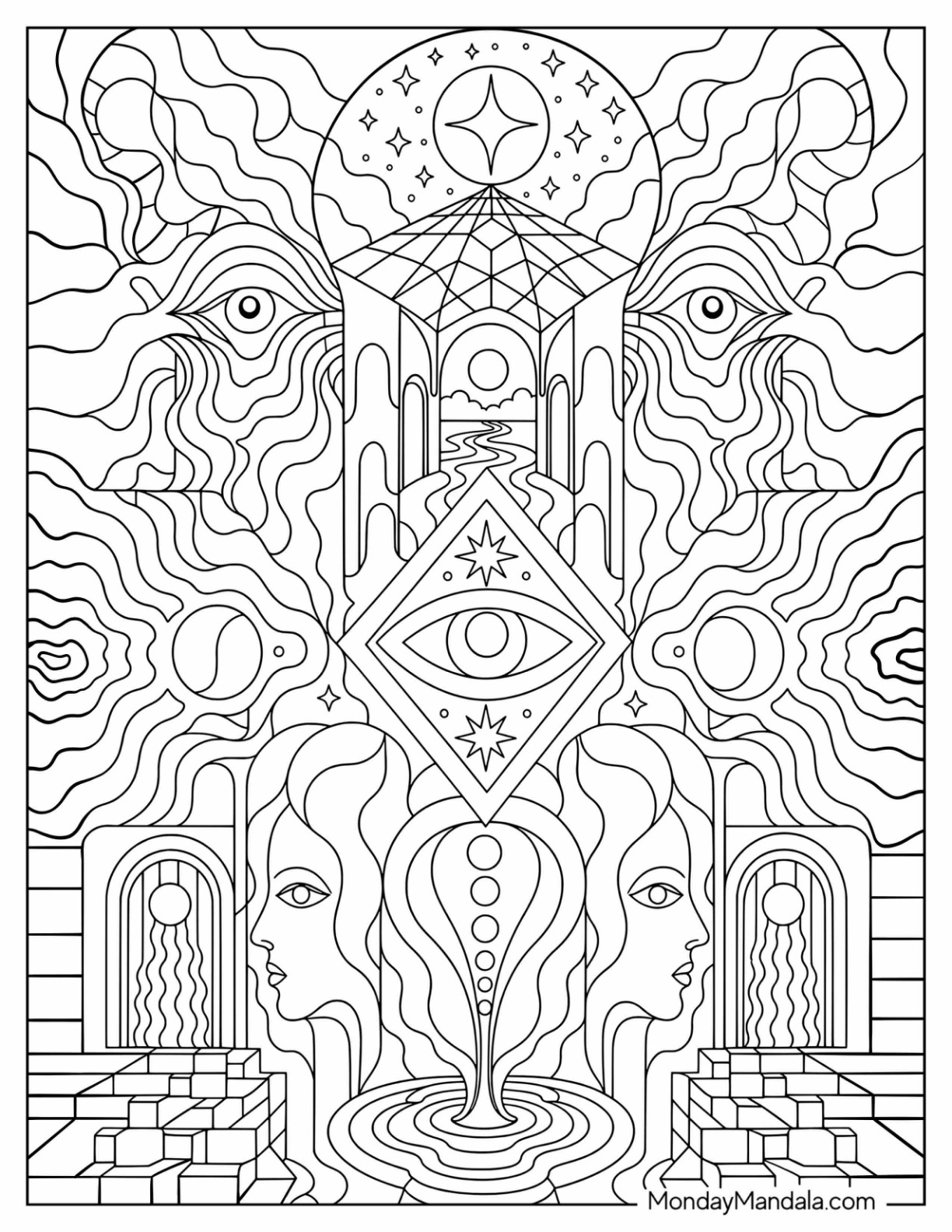 Mystical Faces and Geometric Shapes Abstract Coloring Page