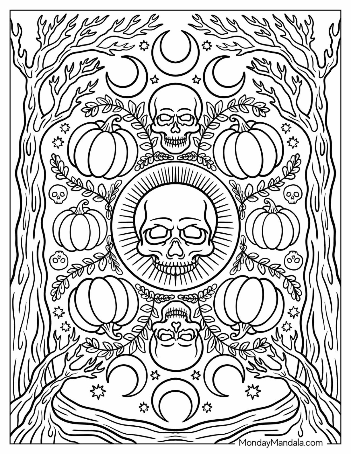 Mystical Mandala Design with Pumpkins, Skulls, and Moon Phases Halloween