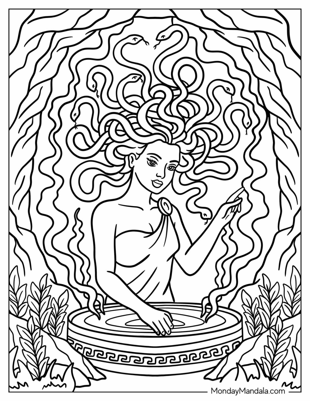 Mystical Medusa Coloring Page Gazing into a Magic Pool with Serpent Hair for Kids