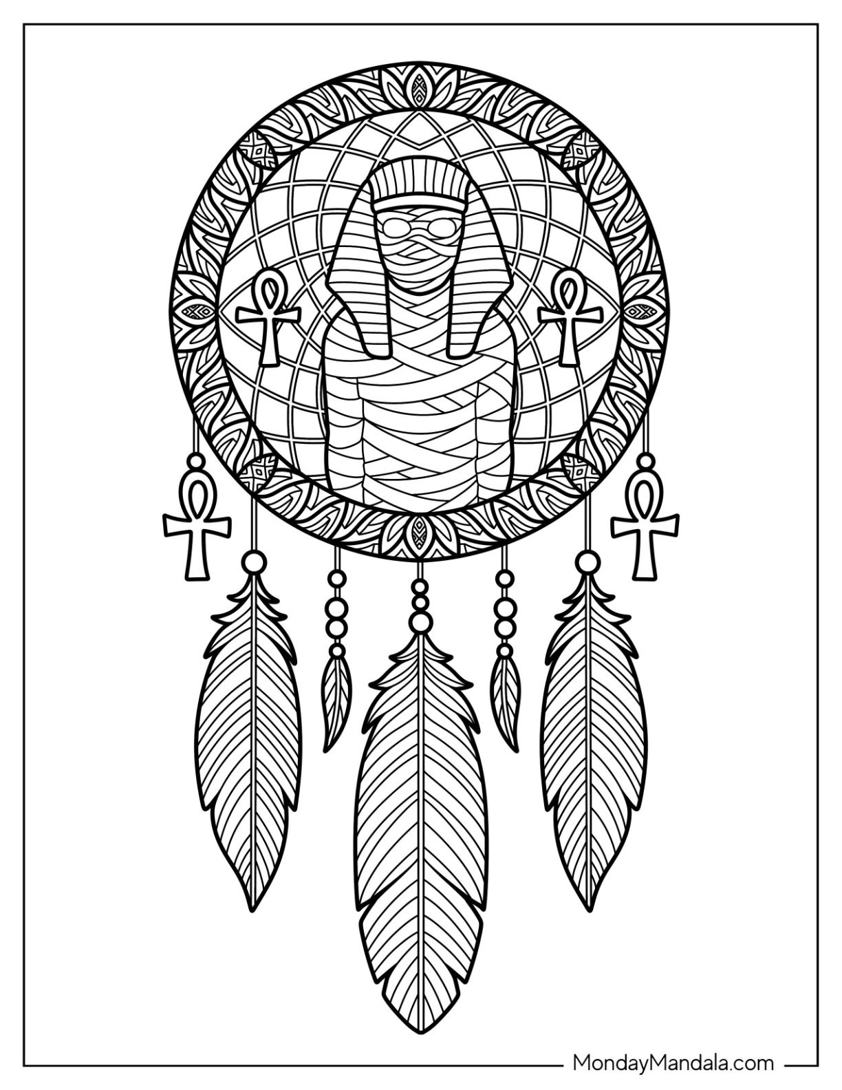 Mystical Mummy Coloring Page in Dreamcatcher with Ankhs and Feathers