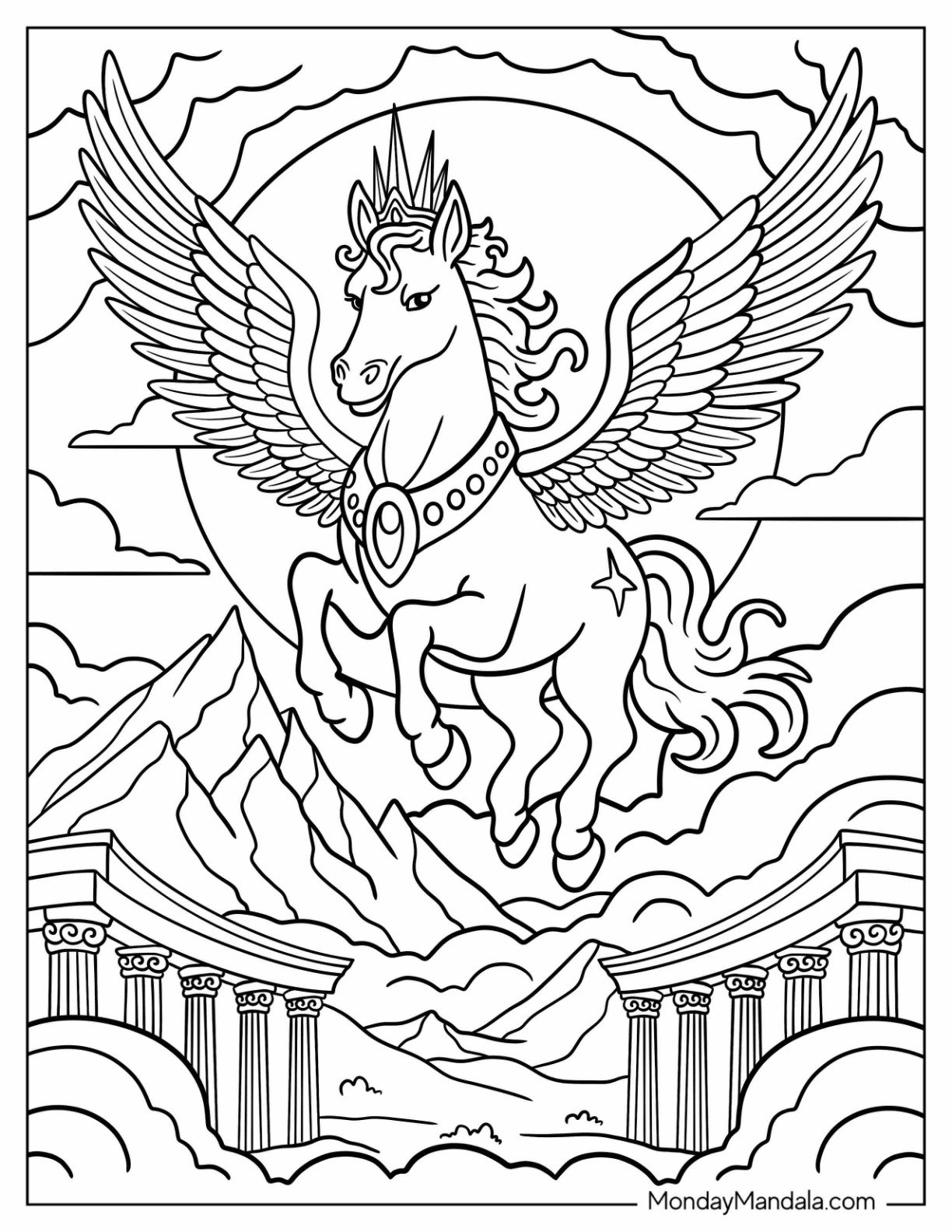 Mystical Pegasus Coloring Page Princess Soaring Through Skies