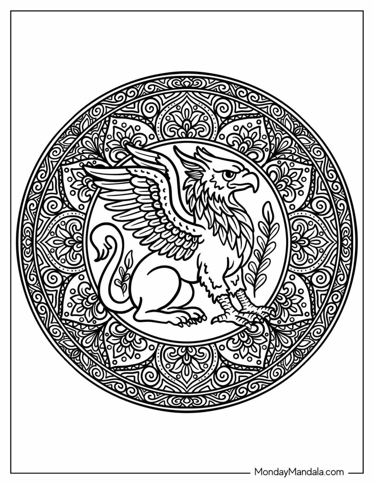 Mythical Griffin Coloring Page Inside Ornamental Mandala Circle