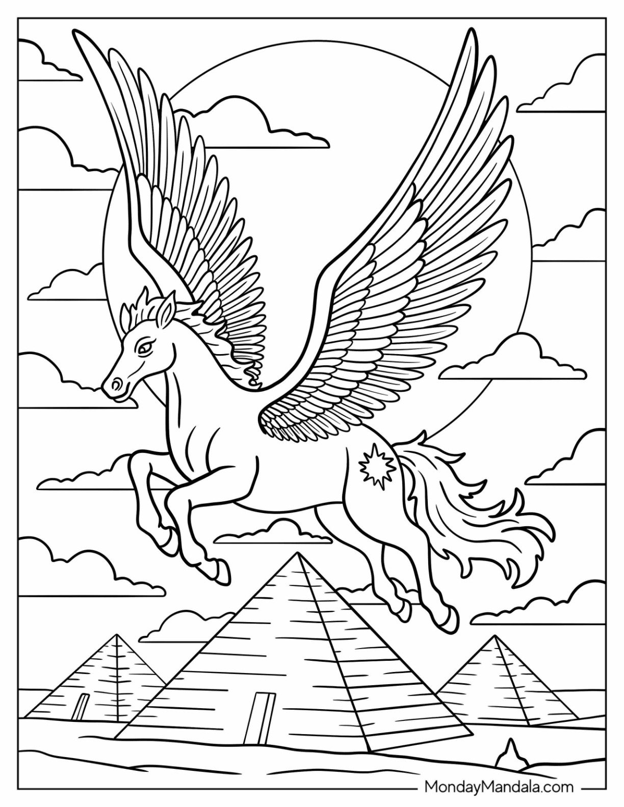 Mythical Pegasus Coloring Page with Star Mark Soaring Past Pyramids