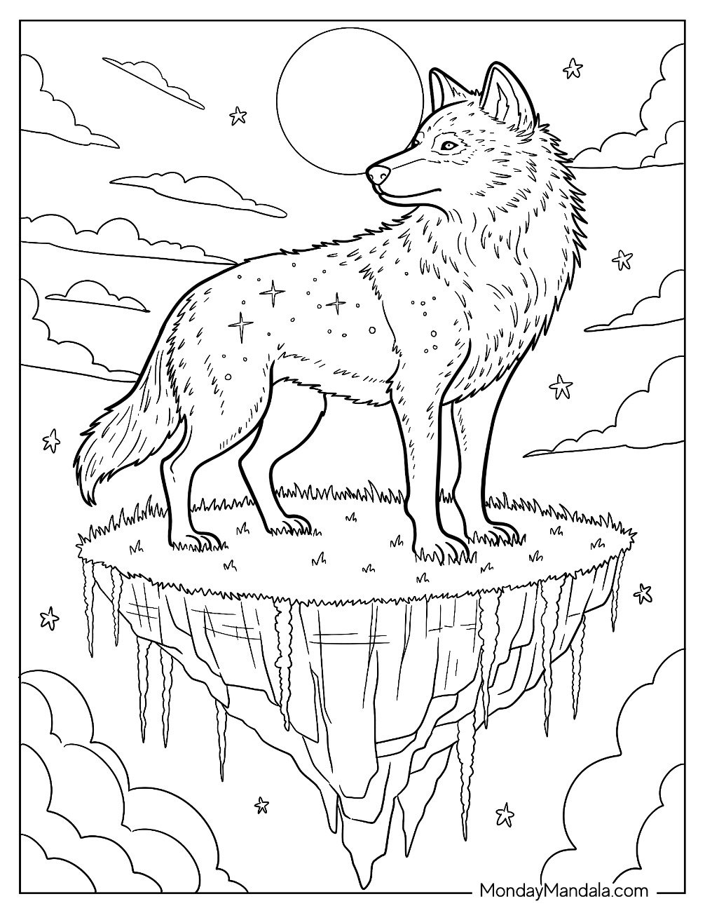 Mythical Wolf Coloring Page on Sky Island Surrounded by Clouds and Night Sky