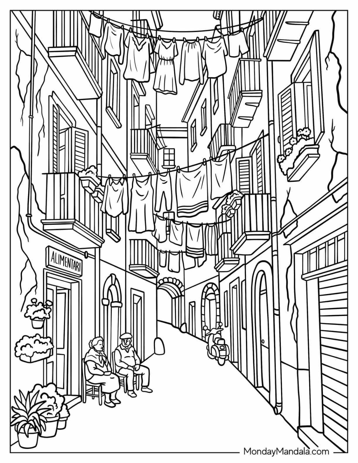Italy Coloring Page of Narrow Italian Street with Hanging Laundry
