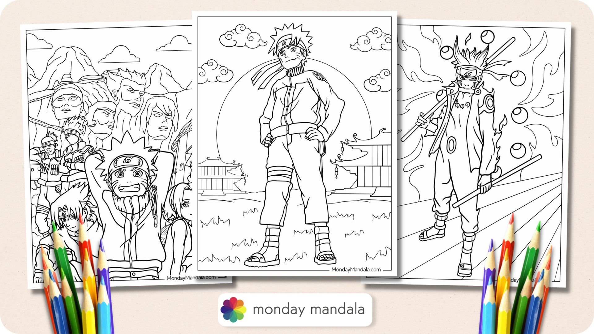 5 coloring pages with Naruto and Sasuke - Naruto Hokage