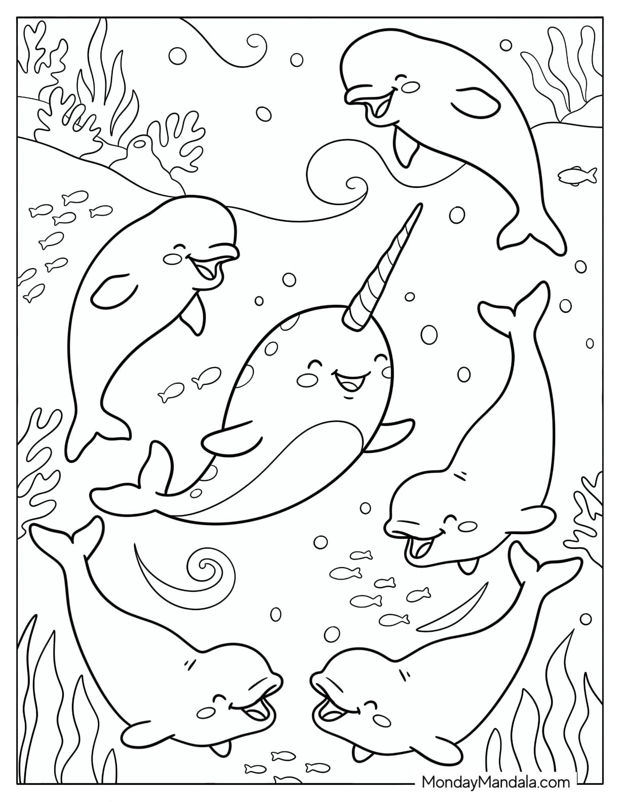 Narwhal Dancing in the Water with Dolphins Coloring Page