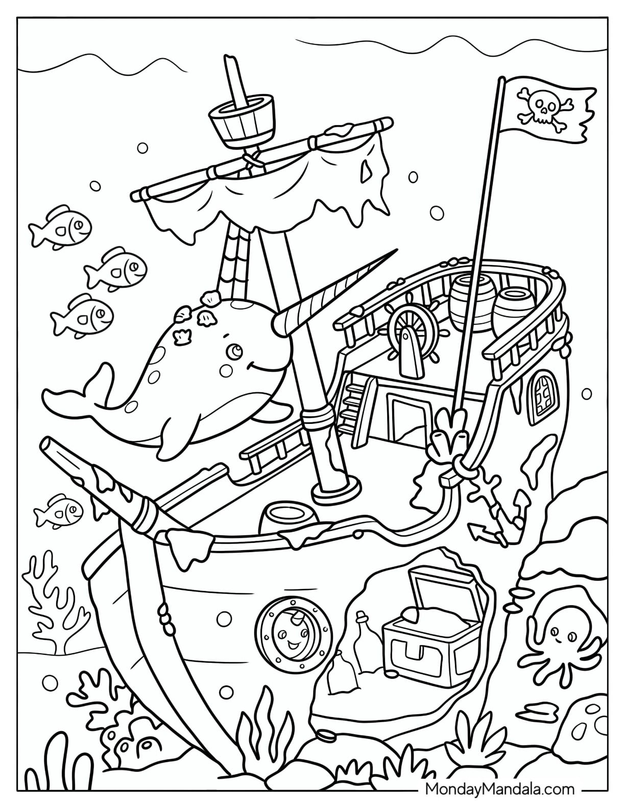 Narwhal Exploring a Sunken Ship Coloring Sheet