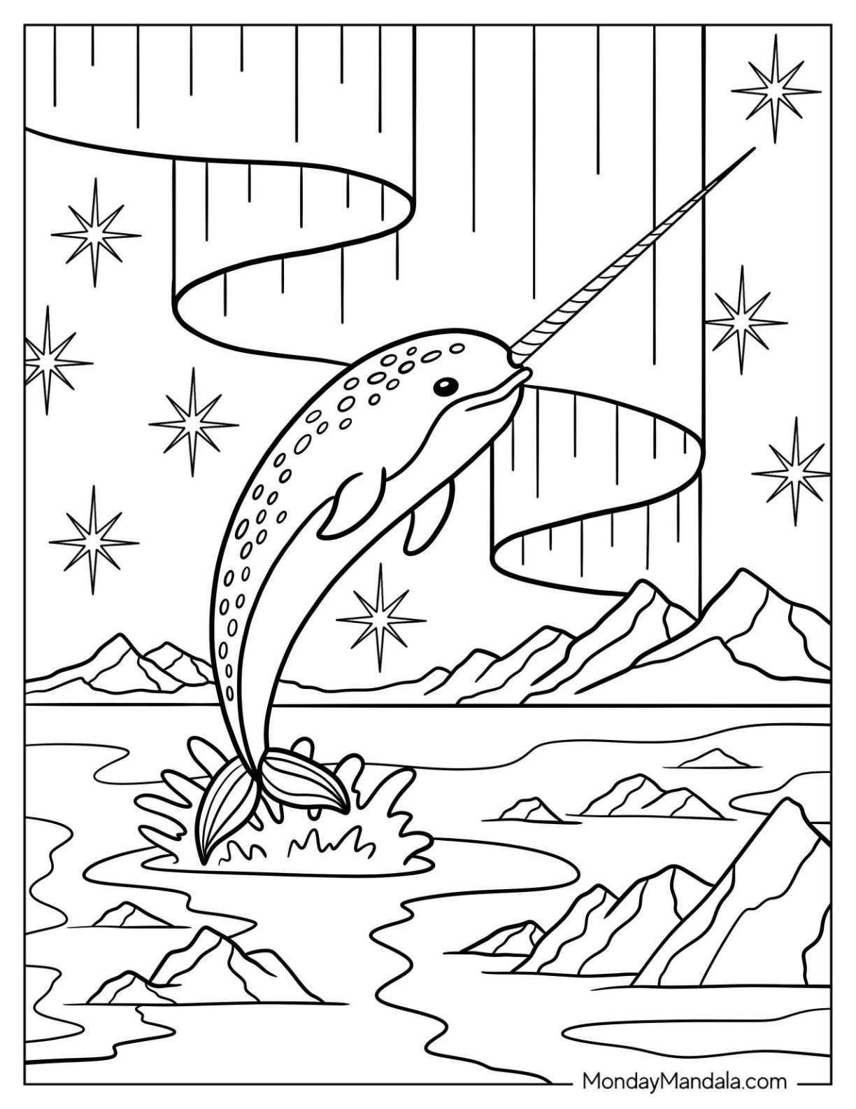 Arctic Animals Coloring Page of Narwhal Jumping Through Waters Under Northern Lights